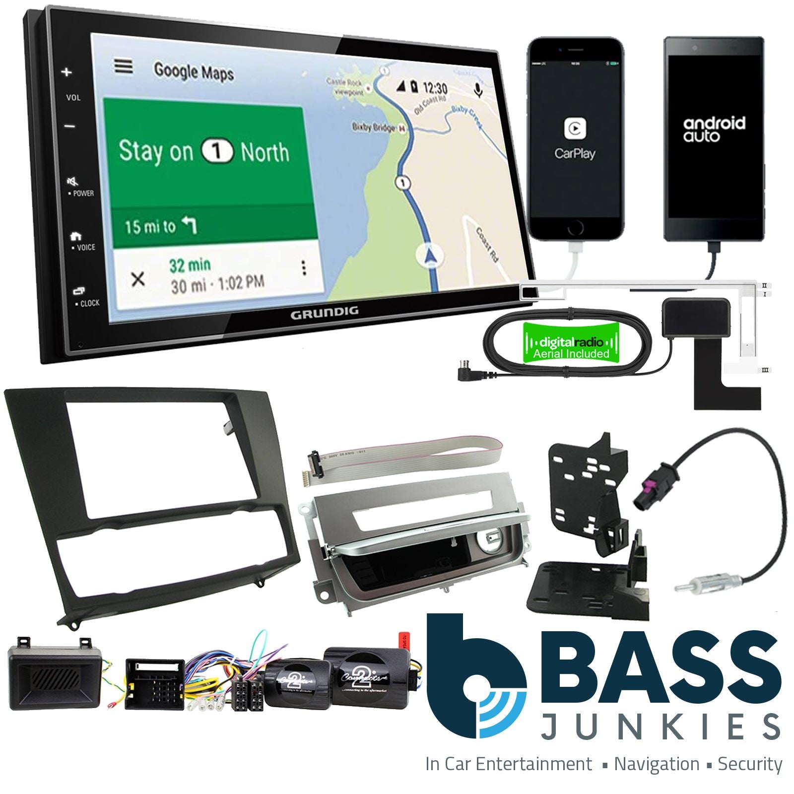 Grundig 6.8" Apple Android Double Din Stereo Fitting Kit + Steering Wheel Stalk Controls to fit BMW 3-Series 2005-12