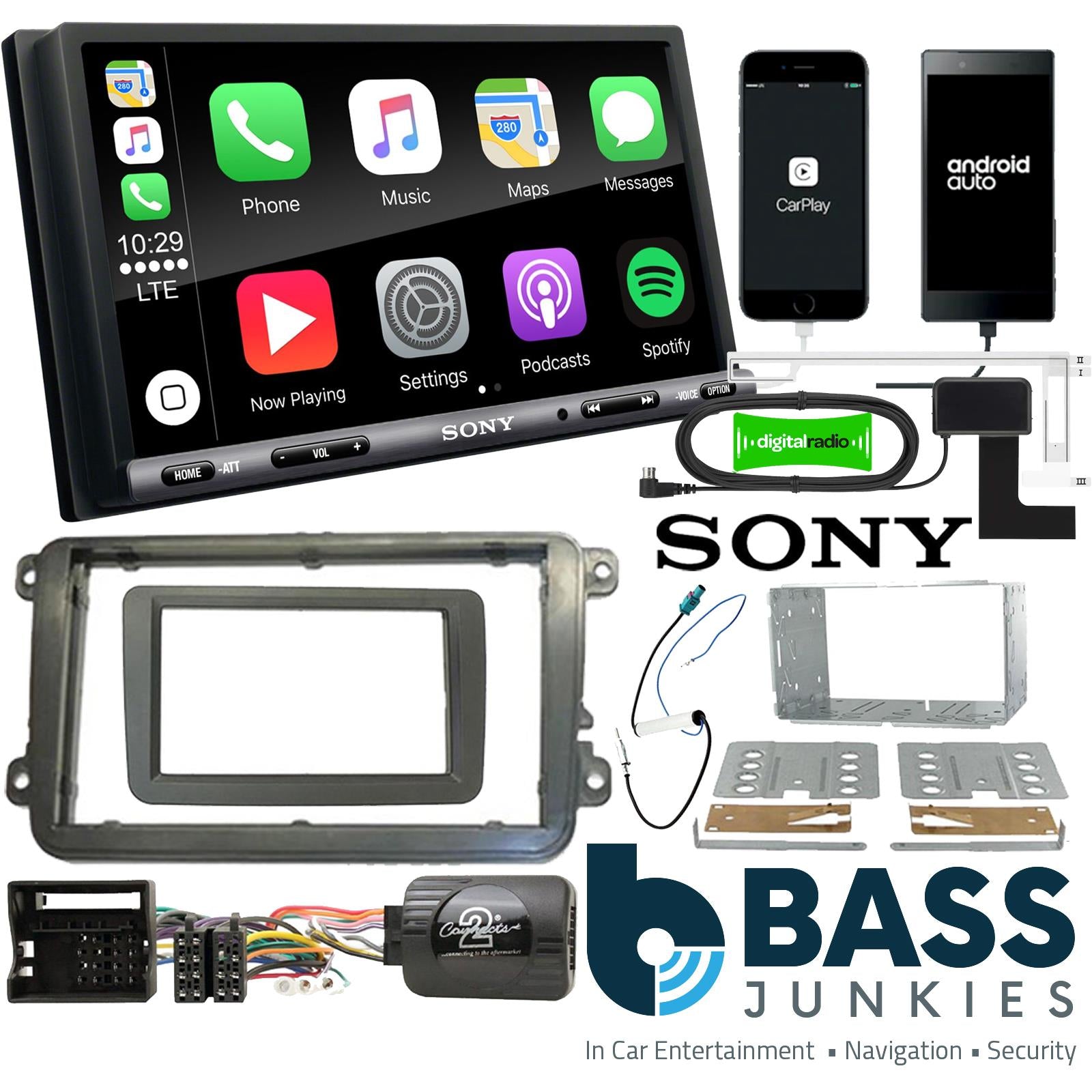 SONY DAB+ Apple | Android Double Din Stereo & Fitting Kit + Steering Wheel Stalk Controls to fit VW Passat 05-15 | Golf 03-13 | Touran 06-15 | Transporter 09-15 | Polo 09-14 | Jetta 05-15 | EOS 06-15