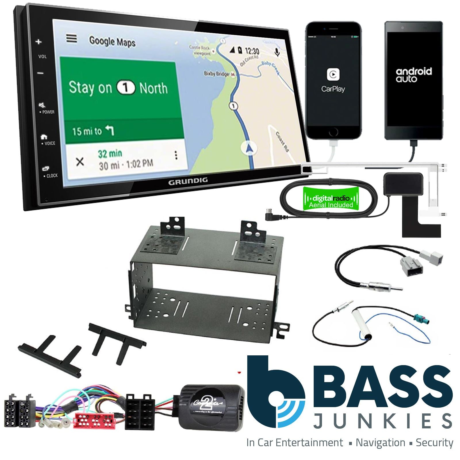 Grundig 6.8" Apple Android Double Din Stereo Fitting Kit + Steering Wheel Stalk Controls to fit Kia Rio 2008-11