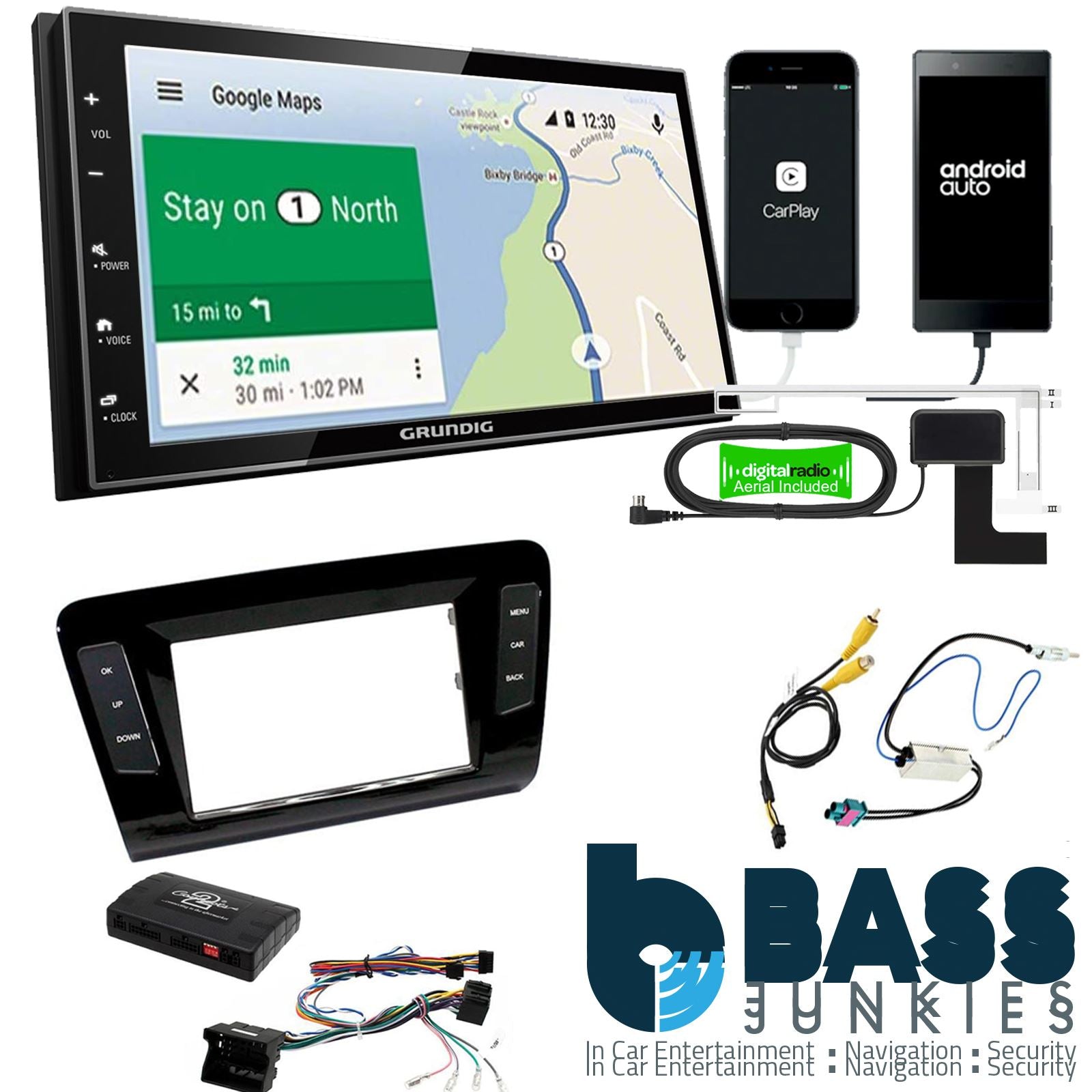 Grundig 6.8" Apple Android Double Din Stereo Fitting Kit + Steering Wheel Stalk Controls to fit Skoda Octavia 2013-17