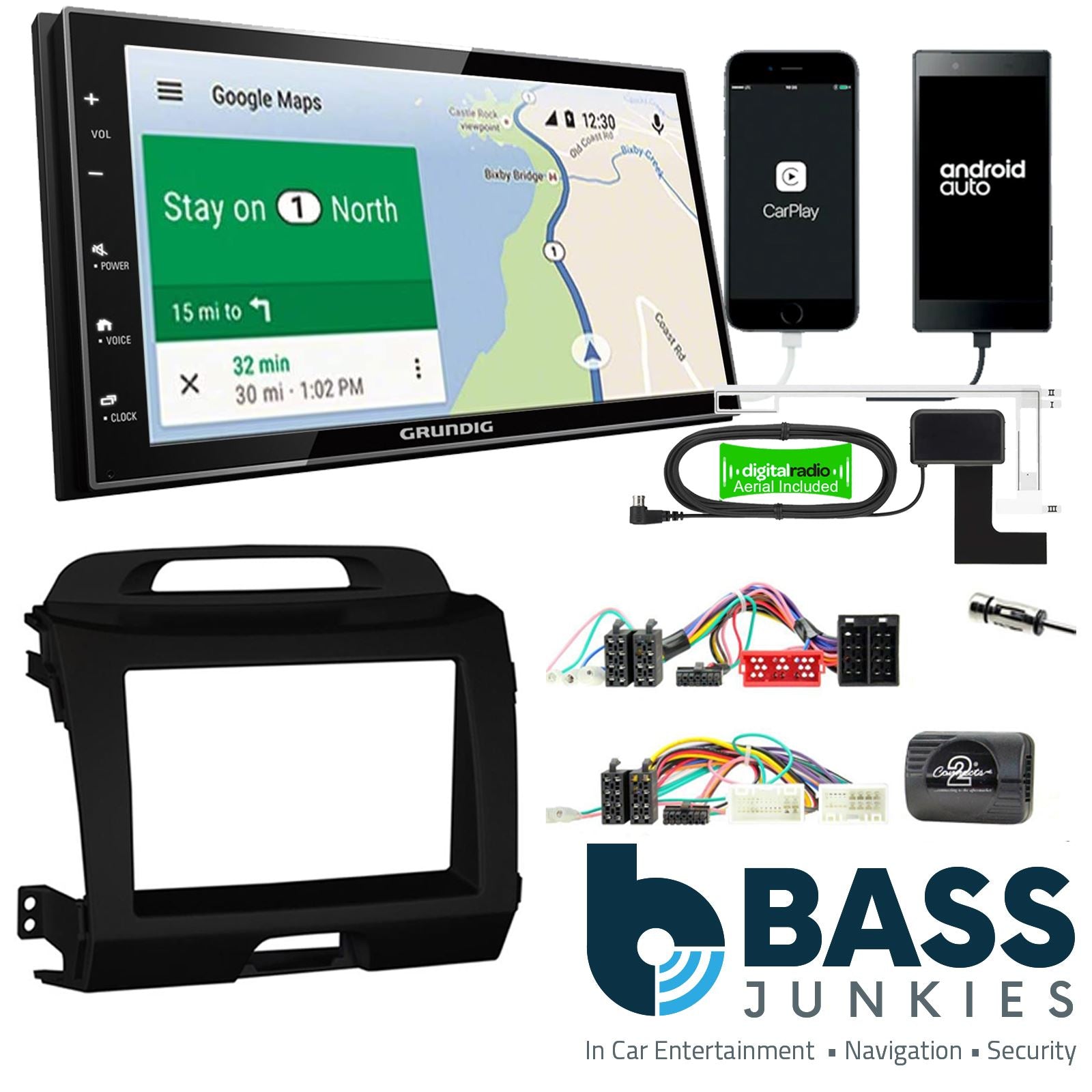 Grundig 6.8" Apple Android Double Din Stereo Fitting Kit + Steering Wheel Stalk Controls to fit Kia Sportage 2011-15