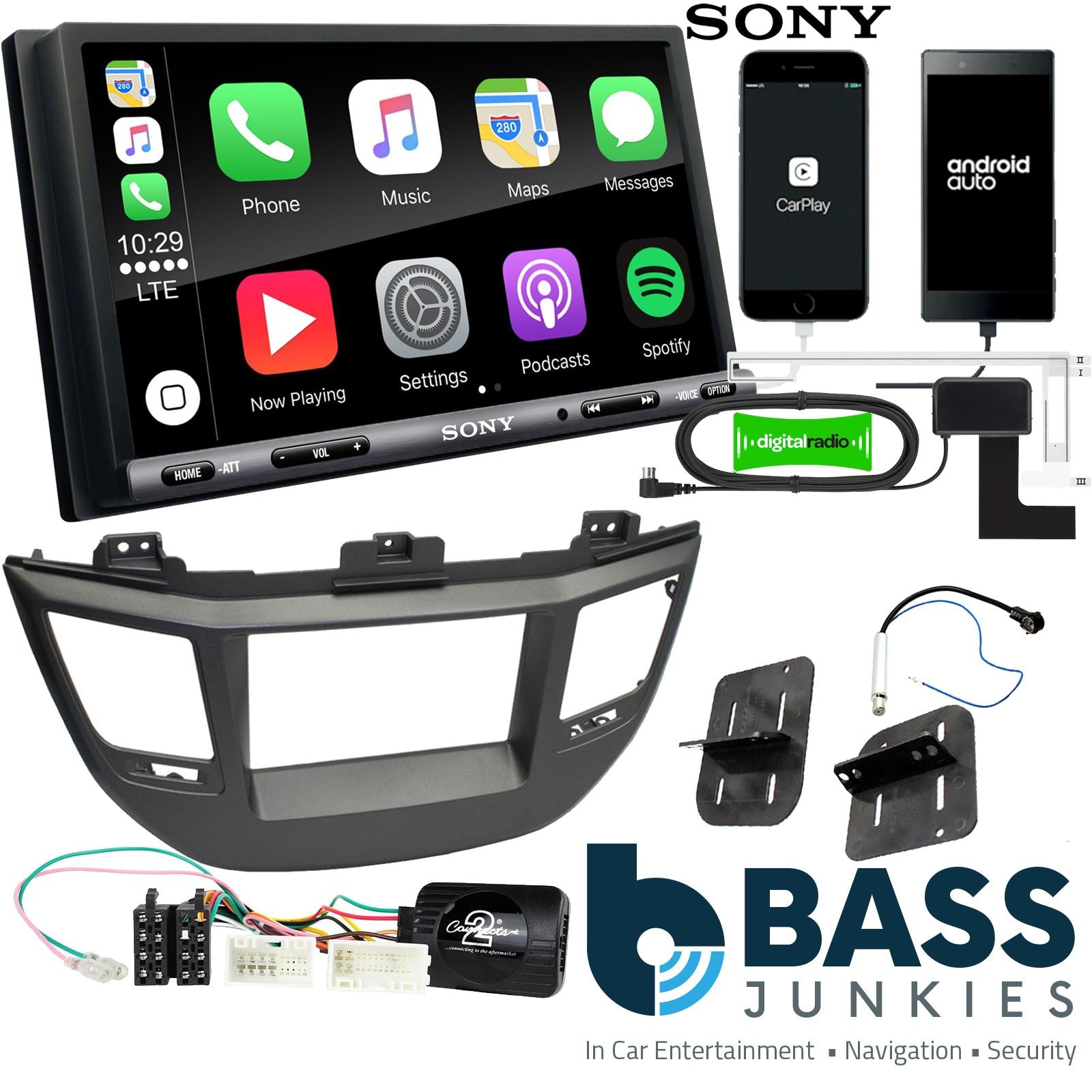 SONY DAB+ Apple | Android Double Din Stereo Fitting Kit + Steering Wheel Stalk Controls to fit Hyundai Tucson 2015-