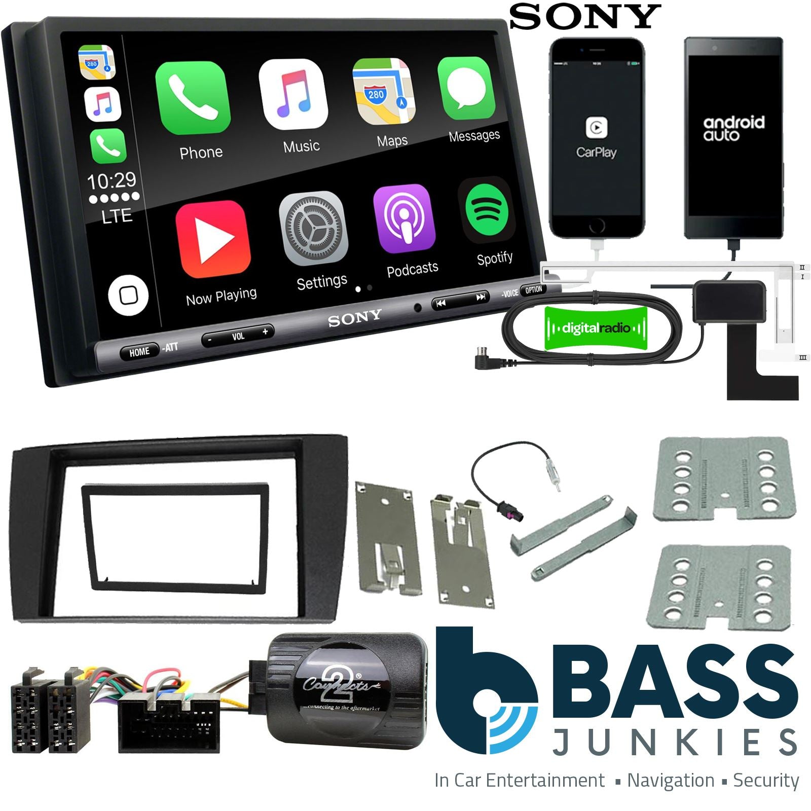 SONY DAB+ Apple | Android Double Din Stereo Fitting Kit + Steering Wheel Stalk Controls to fit Jaguar X-Type 2002-08 | Jaguar S-Type 2002-08