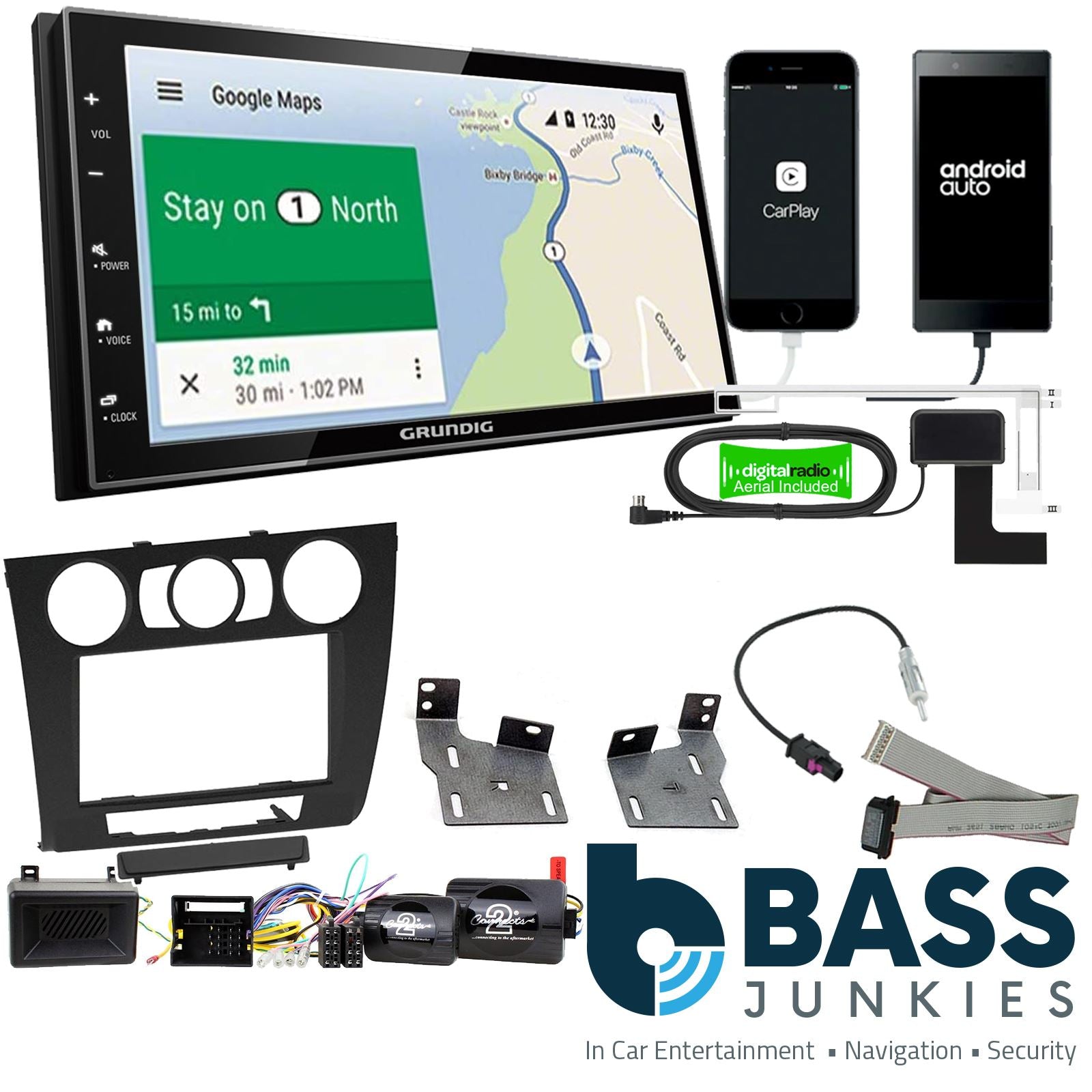 Grundig 6.8" Apple Android Double Din Stereo Fitting Kit + Steering Wheel Stalk Controls to fit BMW 1-Series 2007-13