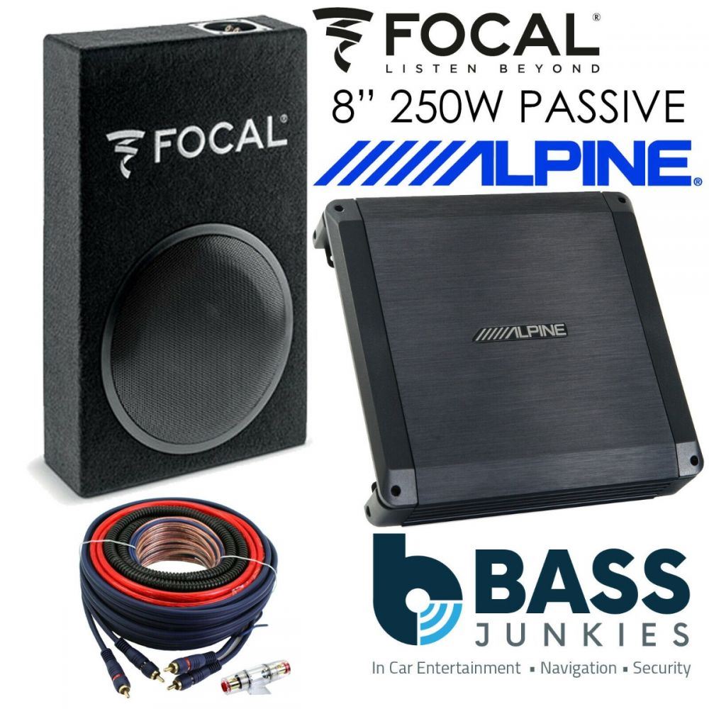 Focal 8" 250W Passive Car Subwoofer Box & Alpine 300W 2-Channel Amplifier Bass Package Kit