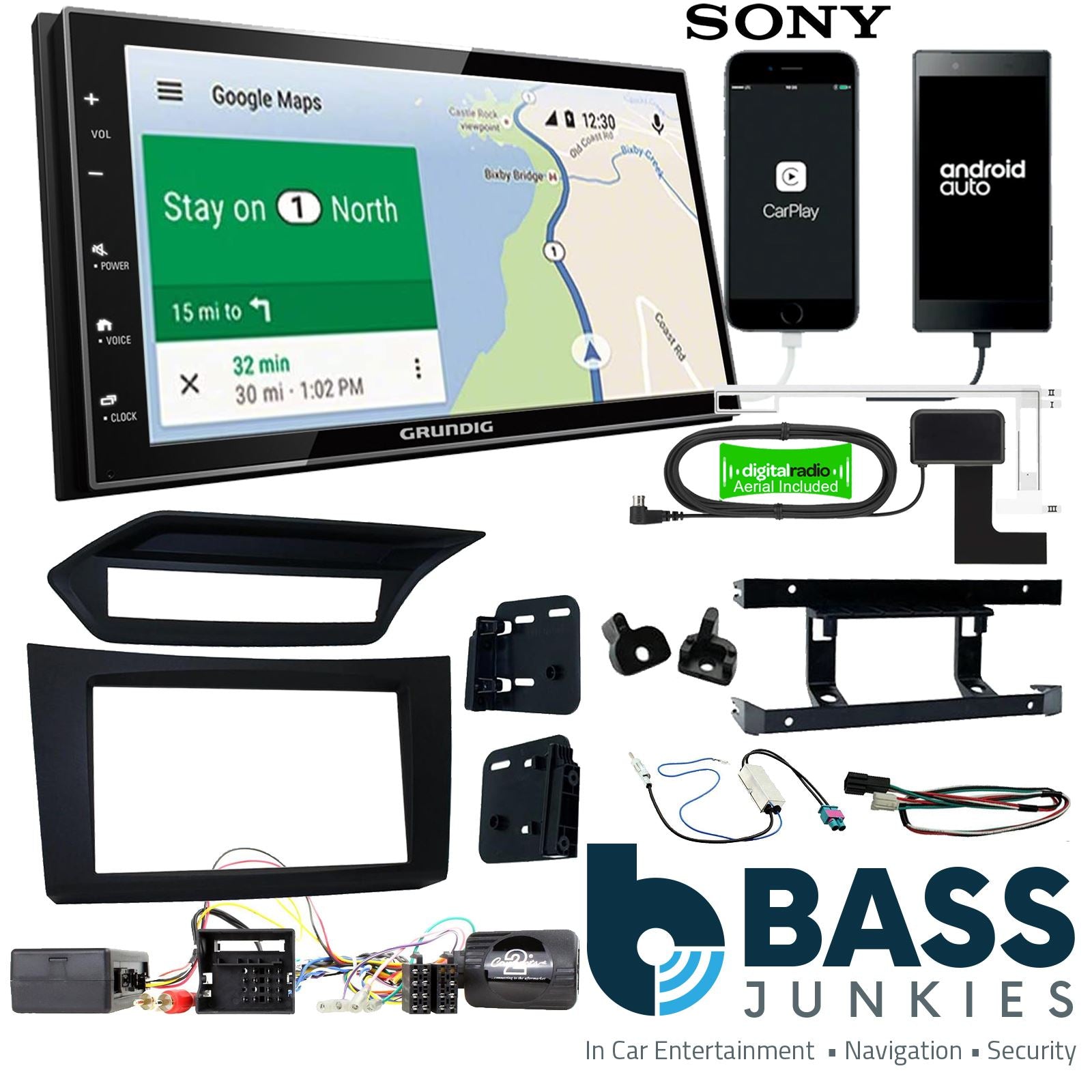 Grundig 6.8" Apple Android Double Din Stereo Fitting Kit + Steering Wheel Stalk Controls to fit Mercedes E-Class 2009-12