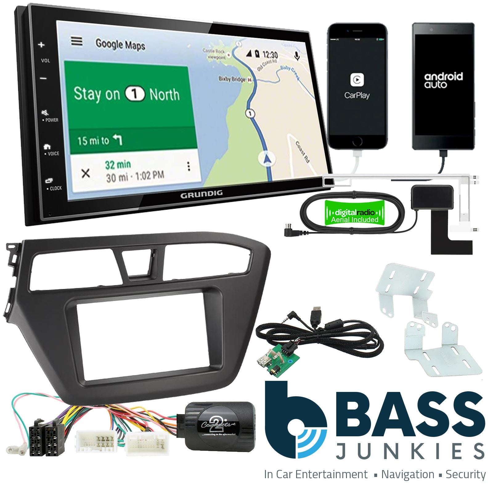 Grundig 6.8" Apple Android Double Din Stereo Fitting Kit + Steering Wheel Stalk Controls to fit Hyundai i20 2014-20