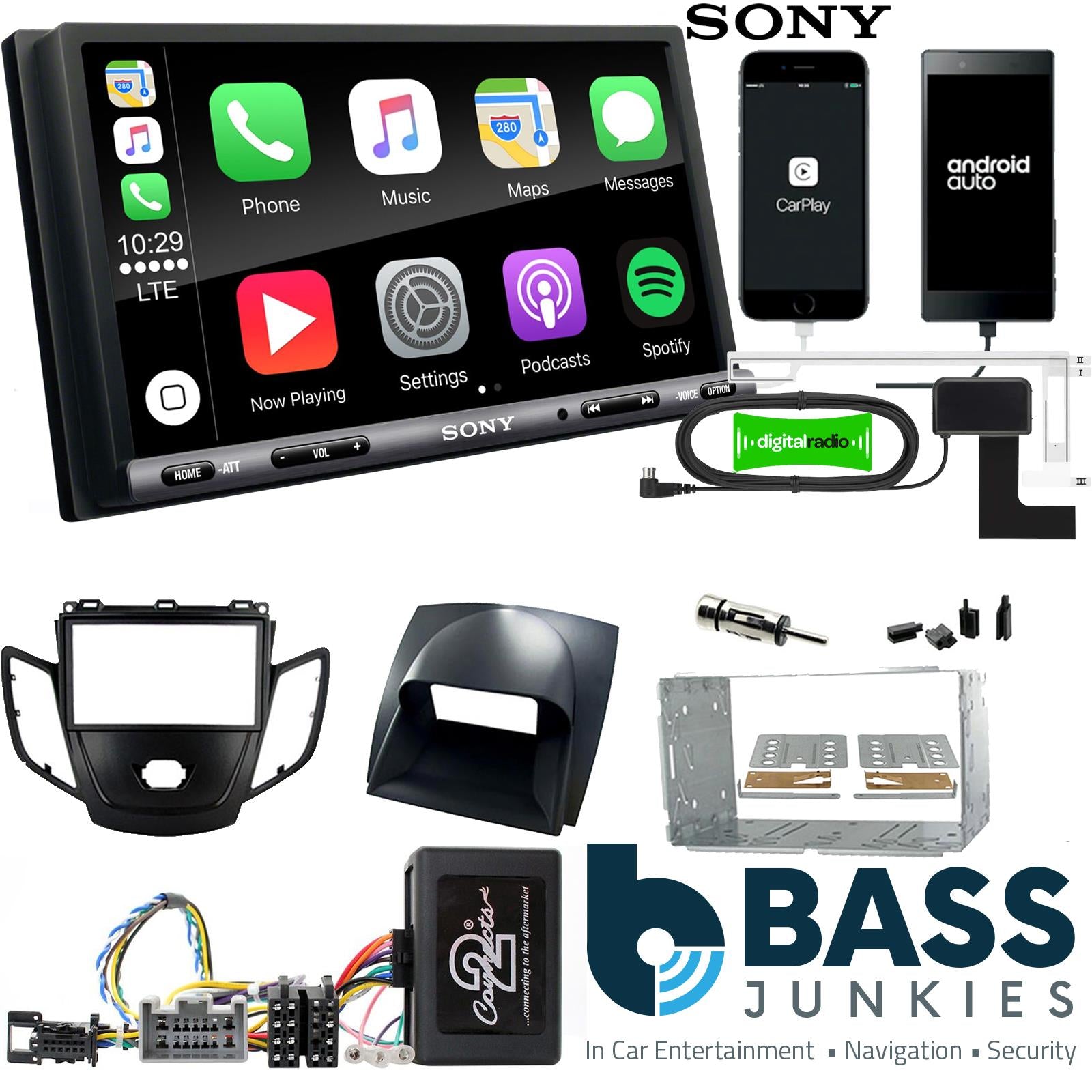 SONY DAB+ Apple | Android Double Din Stereo Fitting Kit + Steering Wheel Stalk Controls to fit Ford Fiesta 2008-10