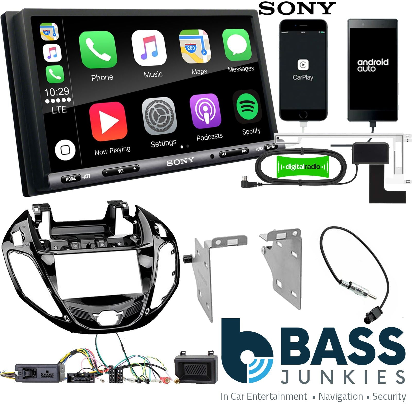 SONY DAB+ Apple | Android Double Din Stereo Fitting Kit + Steering Wheel Stalk Controls to fit Ford B-Max 2012-17
