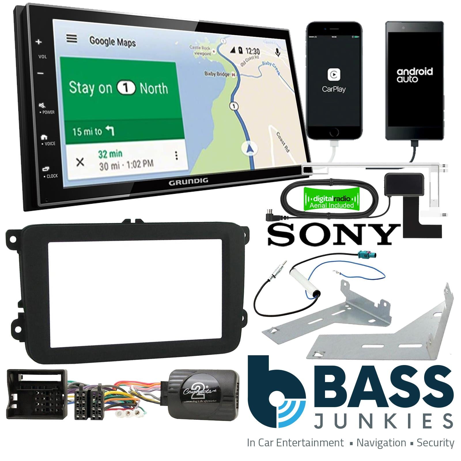 Grundig 6.8" Apple Android Double Din Stereo & Fitting Kit + Steering Wheel Stalk Controls to fit VW EOS 06-15 | Tiguan 07-15 | Golf 03-13 | Touran 06-10 | Polo 09-14 | Jetta 05-11 | Scirocco 08-14
