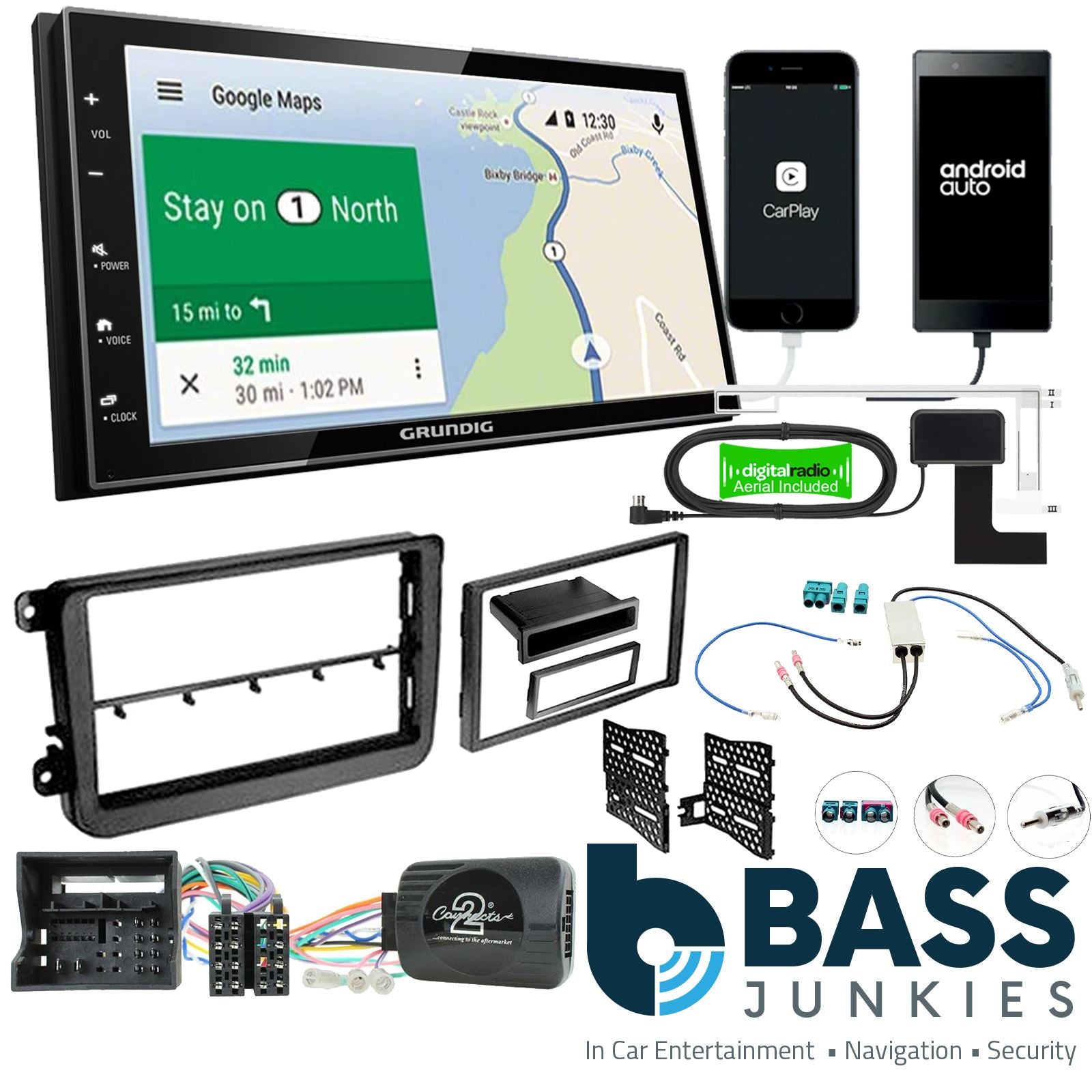 Grundig 6.8" Apple Android Double Din Stereo & Fitting Kit + Steering Wheel Stalk Controls to fit VW Tiguan 15-15 | Caddy 15-20 | Beetle 15- | Jetta 11-18 | Transporter T6 15- | Scirocco 15-17