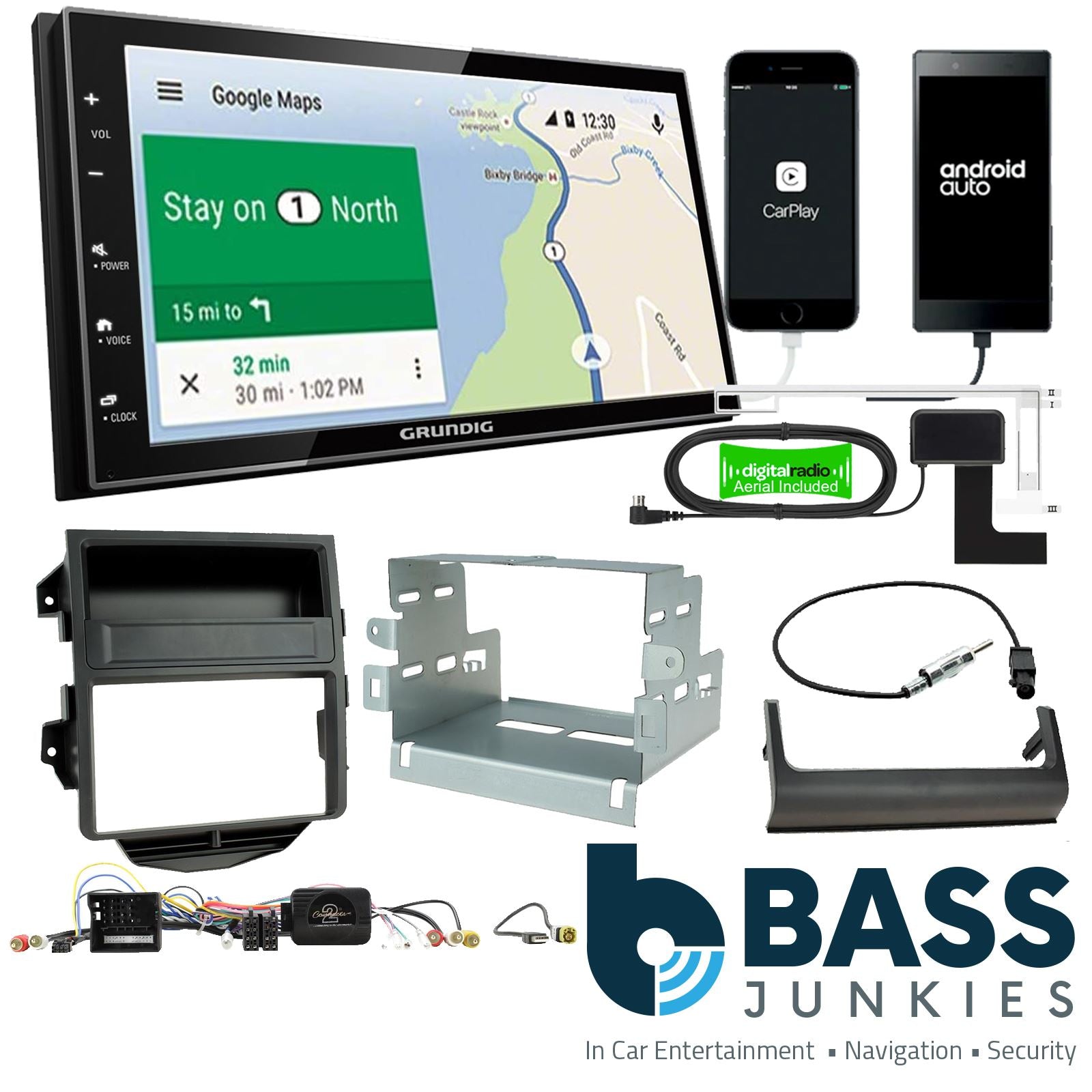 Grundig 6.8" Apple Android Double Din Stereo Fitting Kit + Steering Wheel Stalk Controls to fit Porsche Macan 2014-16