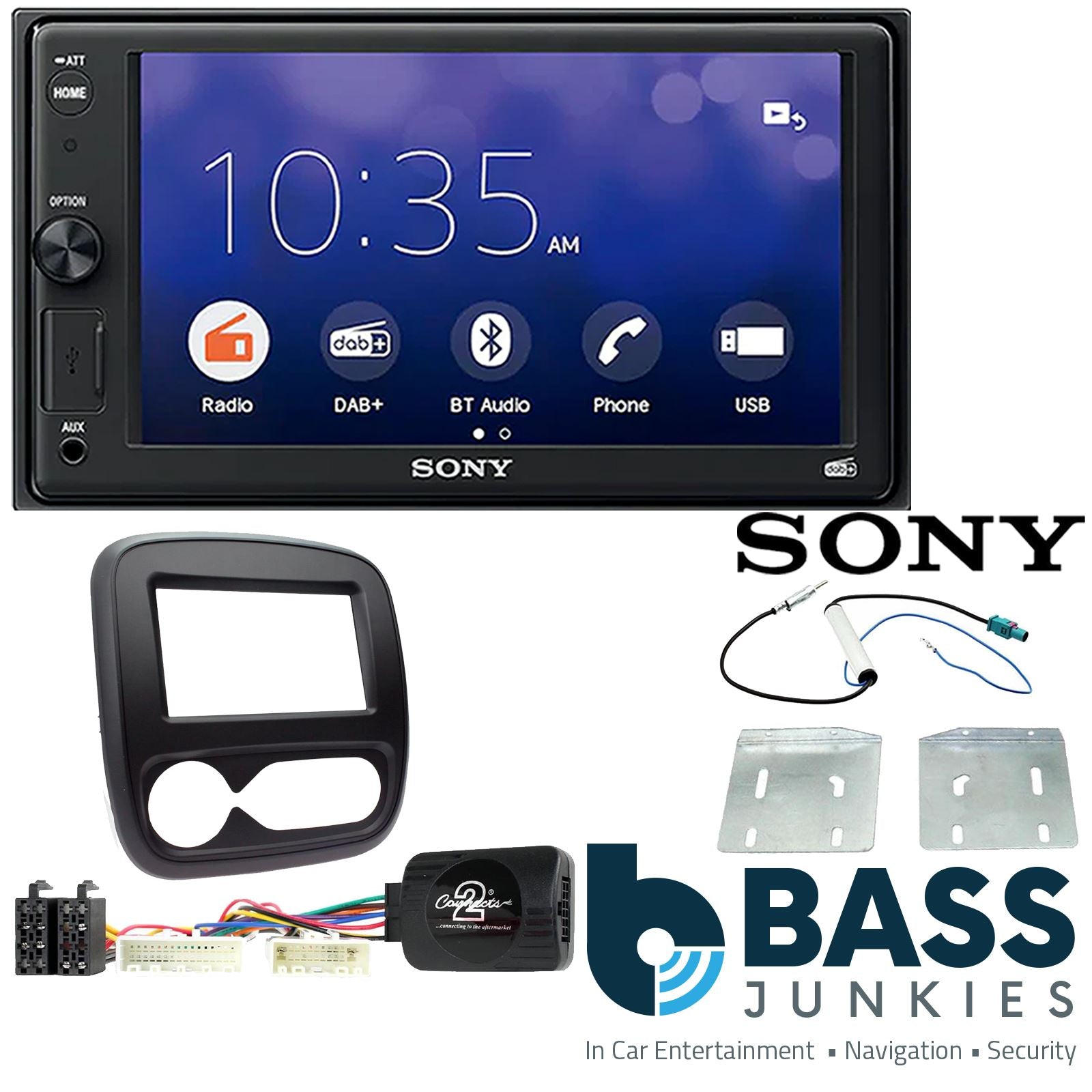 SONY 6.2" Screen Blutooth Double Din Stereo Fitting Kit + Steering Wheel Stalk Controls to fit Renault Trafic 2017-