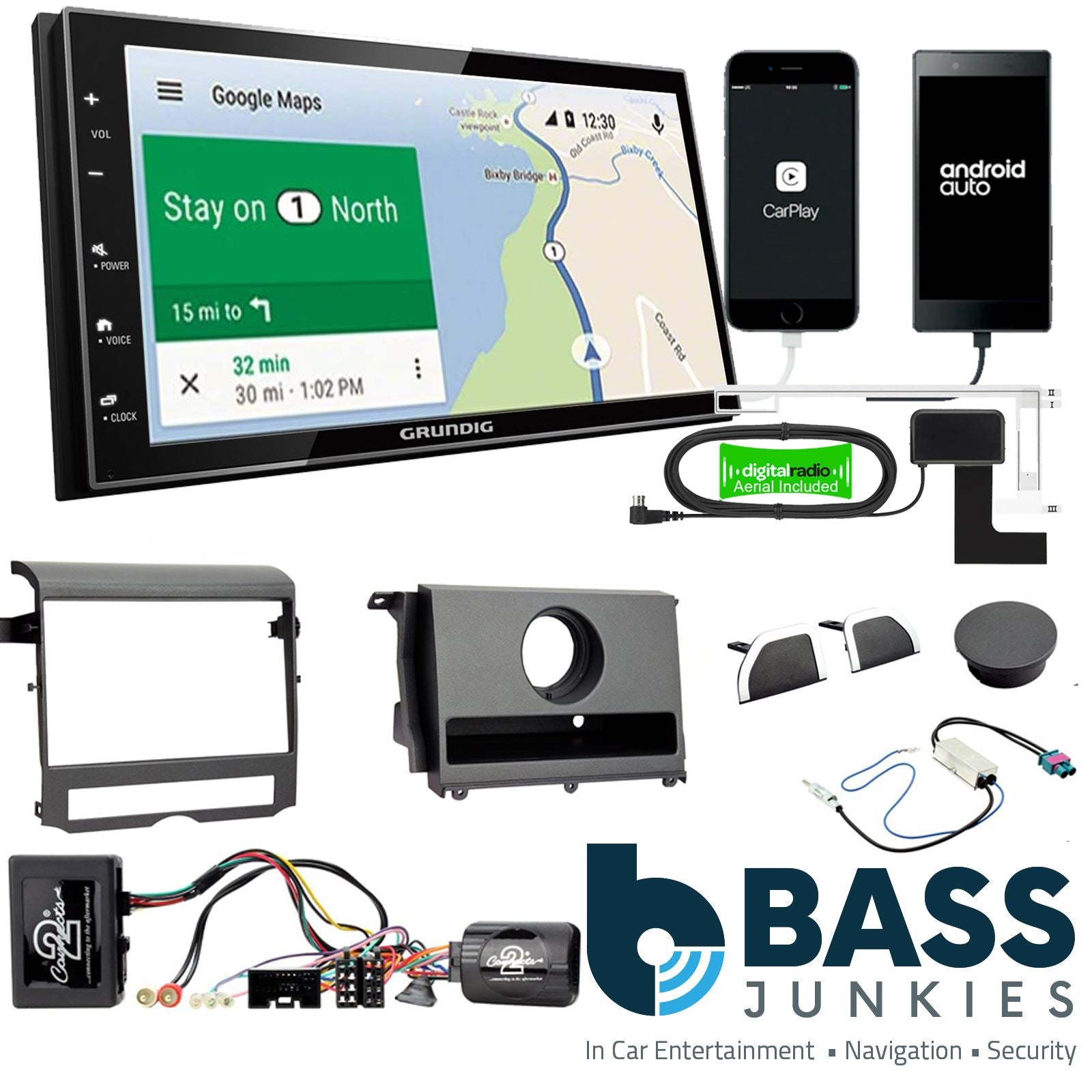 Grundig 6.8" Apple Android Double Din Stereo Fitting Kit + Steering Wheel Stalk Controls to fit Land Rover Discovery 09-11