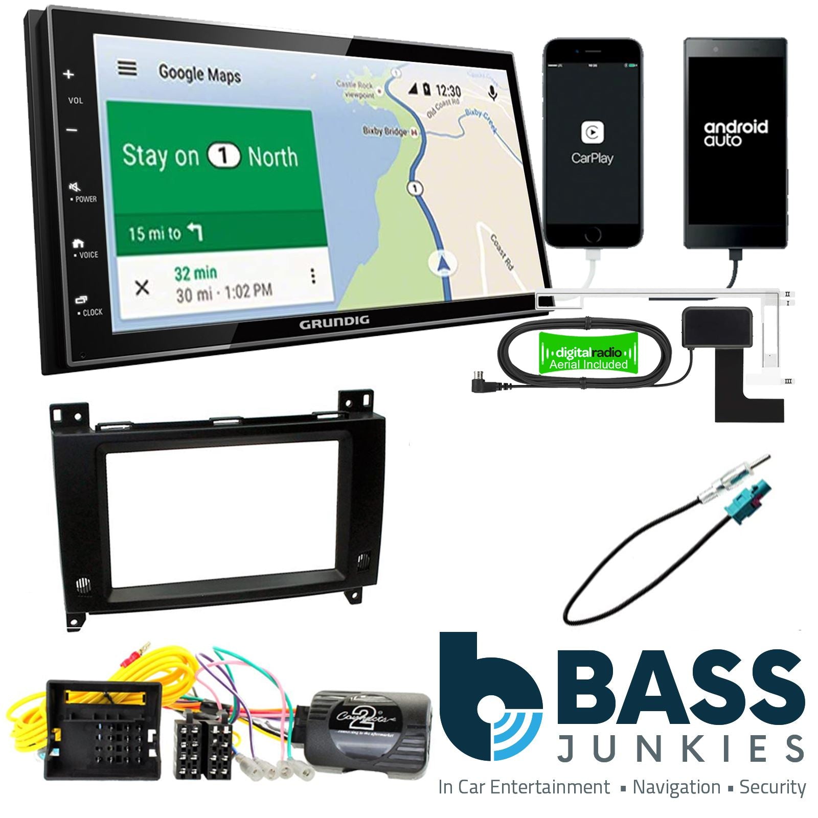 Grundig 6.8" Apple Android Double Din Stereo Fitting Kit + Steering Wheel Stalk Controls to fit Mercedes Vito 2015-