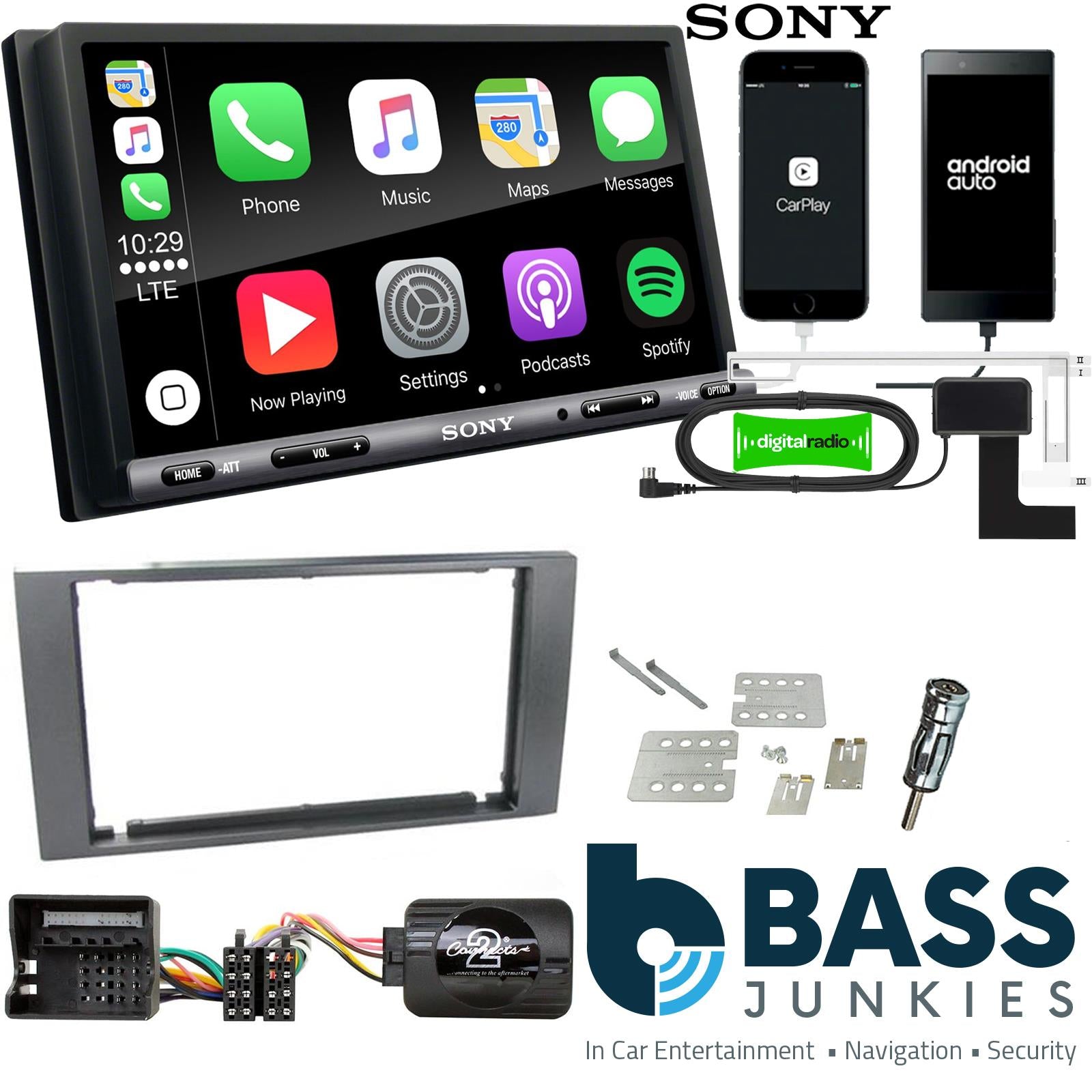SONY DAB+ Apple | Android Double Din Stereo Fitting Kit + Steering Wheel Stalk Controls to fit Ford C-Max 2003-10 | Ford Focus 2004-07 | Ford Fiesta 2005-08