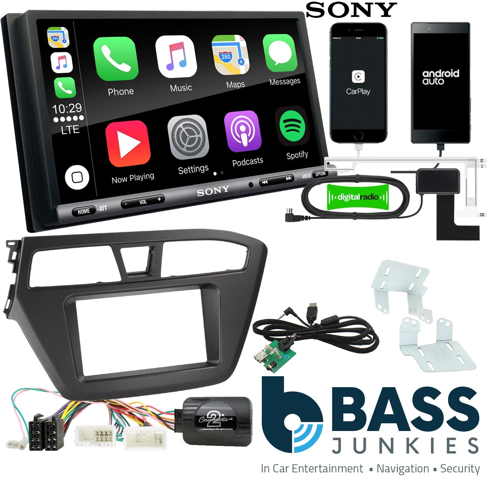 SONY DAB+ Apple | Android Double Din Stereo Fitting Kit + Steering Wheel Stalk Controls to fit Hyundai i20 2014-20