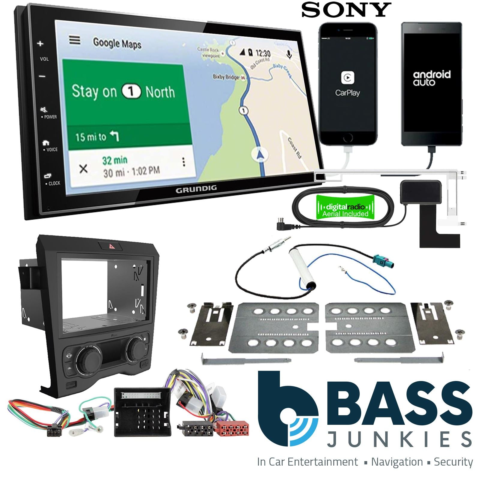 Grundig 6.8" Apple Android Double Din Stereo Fitting Kit + Steering Wheel Stalk Controls to fit Holden Commodore 2006-11