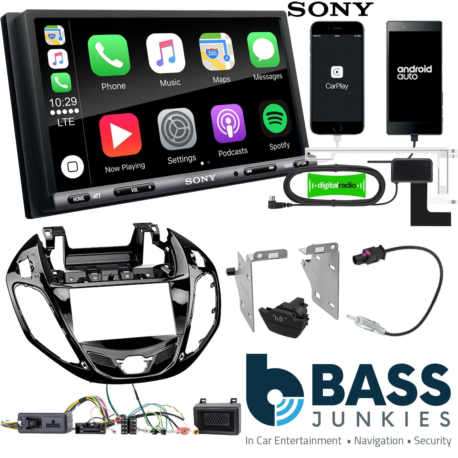 SONY DAB+ Apple | Android Double Din Stereo Fitting Kit + Steering Wheel Stalk Controls to fit Ford B-Max 2012-17