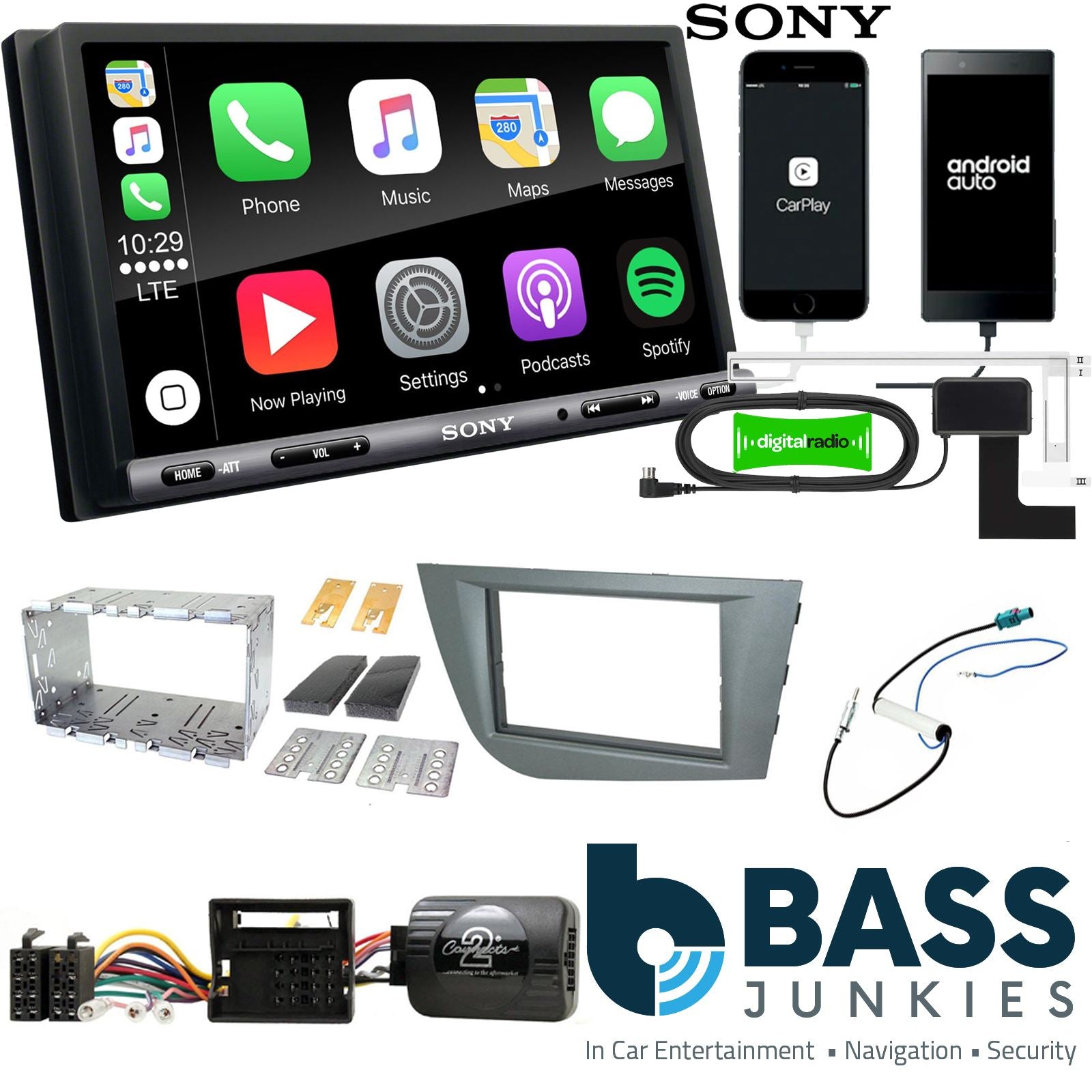 SONY DAB+ Apple | Android Double Din Stereo Fitting Kit + Steering Wheel Stalk Controls to fit Seat Ibiza 2008-14