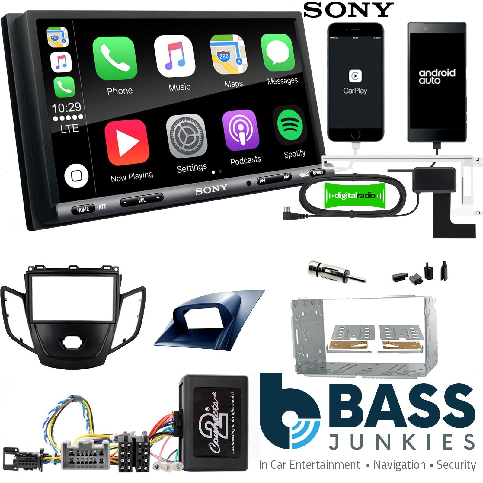 SONY DAB+ Apple | Android Double Din Stereo Fitting Kit + Steering Wheel Stalk Controls to fit Ford Fiesta 2008-10