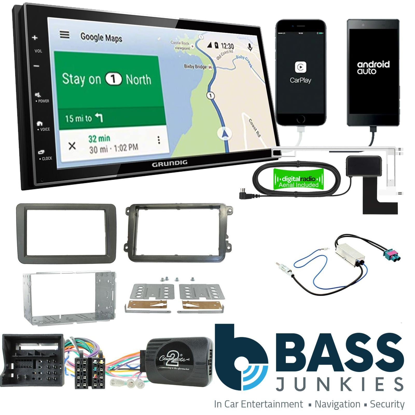 Grundig 6.8" Apple Android Double Din Stereo & Fitting Kit + Steering Wheel Stalk Controls to fit VW Jetta 15-18 | Caddy 15-20 | Transporter T6 15- | Beetle 15- | Tiguan 15-20 | Sharan 15-21