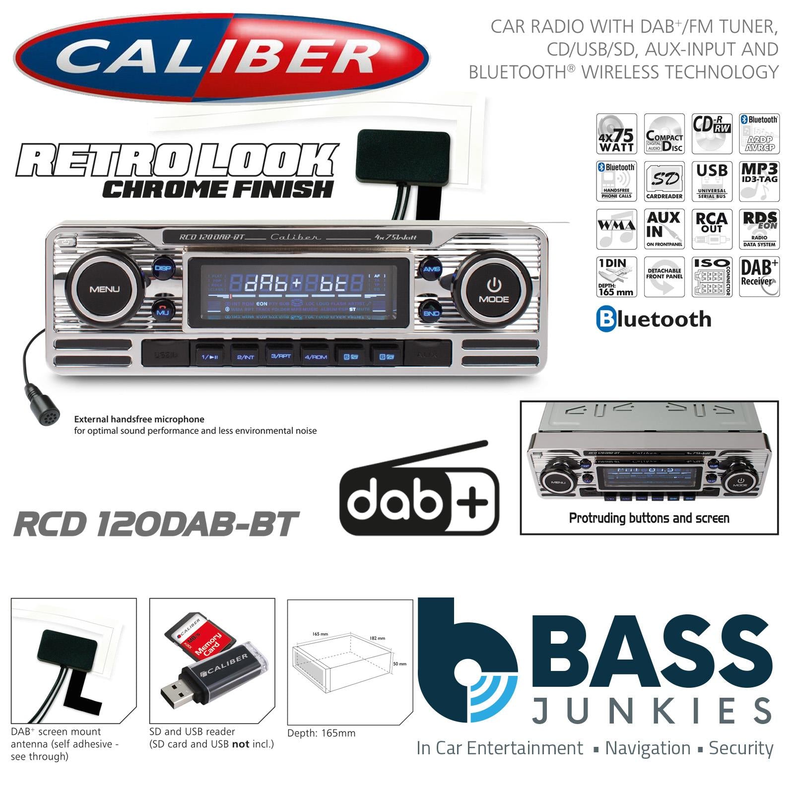 Caliber RCD120DAB-BT CD MP3 DAB+ Bluetooth Retro Style Car Stereo Chrome Finish