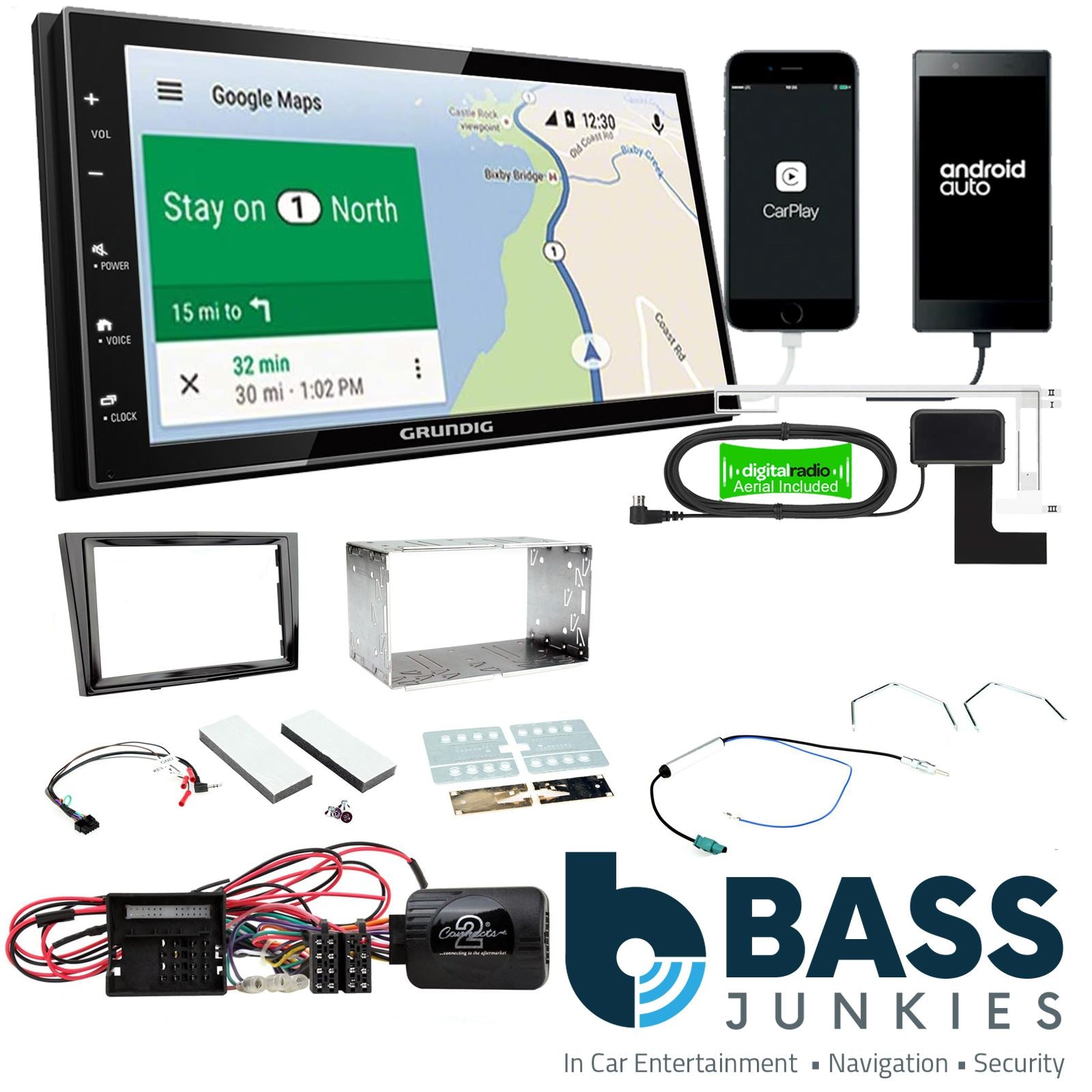 Grundig 6.8" Apple Android Double Din Stereo Fitting Kit + Steering Wheel Stalk Controls to fit Vauxhall Corsa 2009-14
