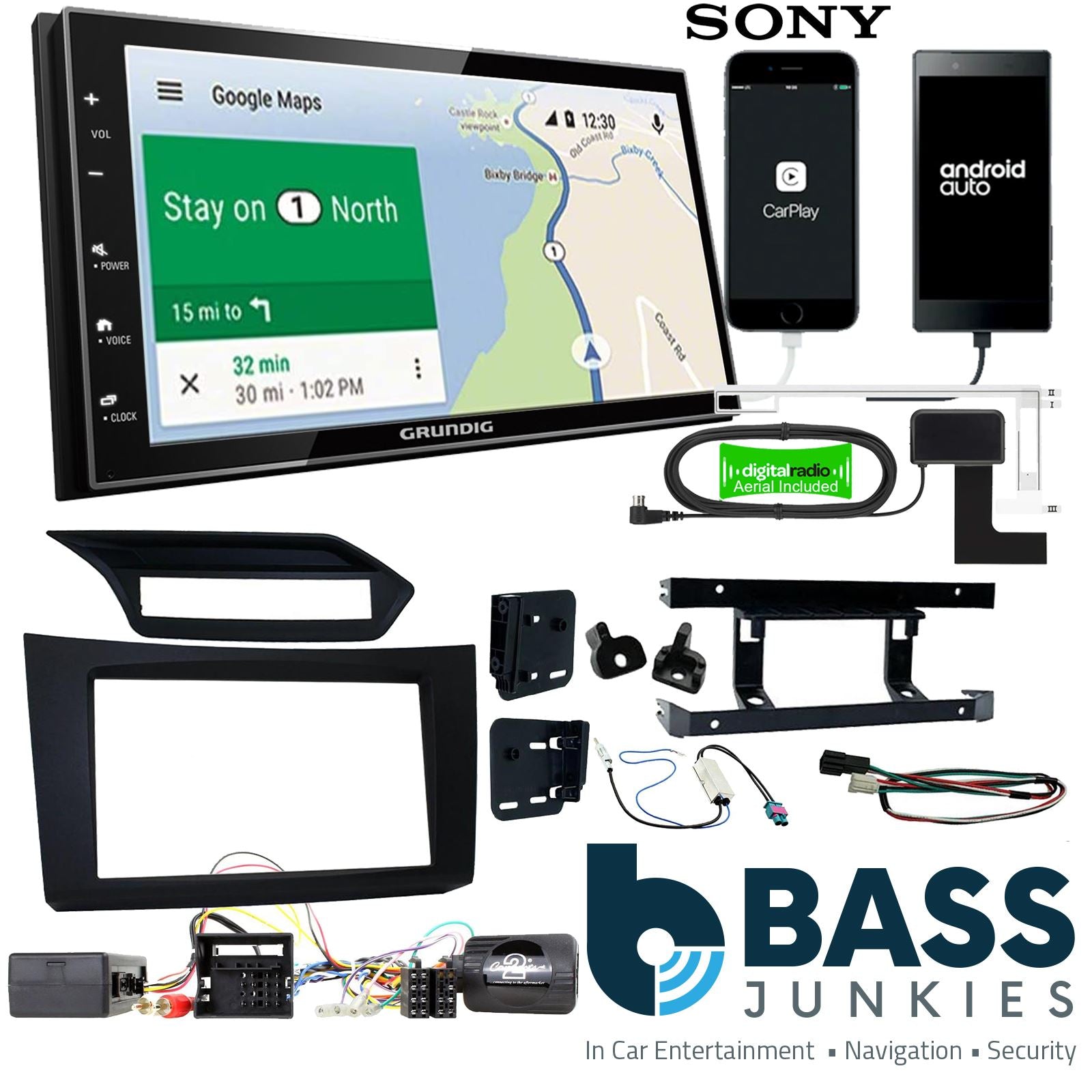 Grundig 6.8" Apple Android Double Din Stereo Fitting Kit + Steering Wheel Stalk Controls to fit Mercedes E-Class 2009-12