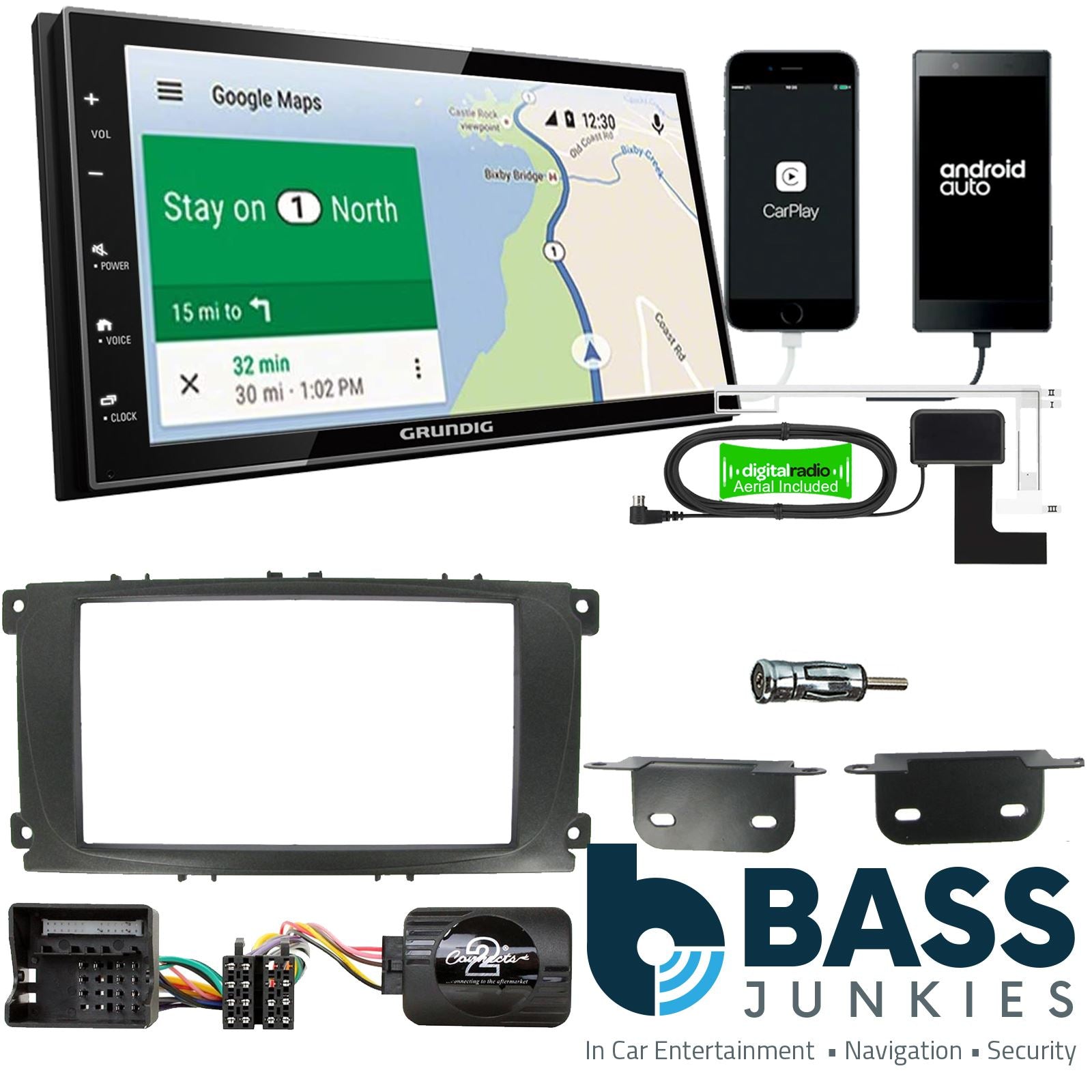Grundig 6.8" Apple Android Double Din Stereo Fitting Kit + Steering Wheel Stalk Controls to fit Ford Focus 2007-11 | Ford Mondeo 2007-14