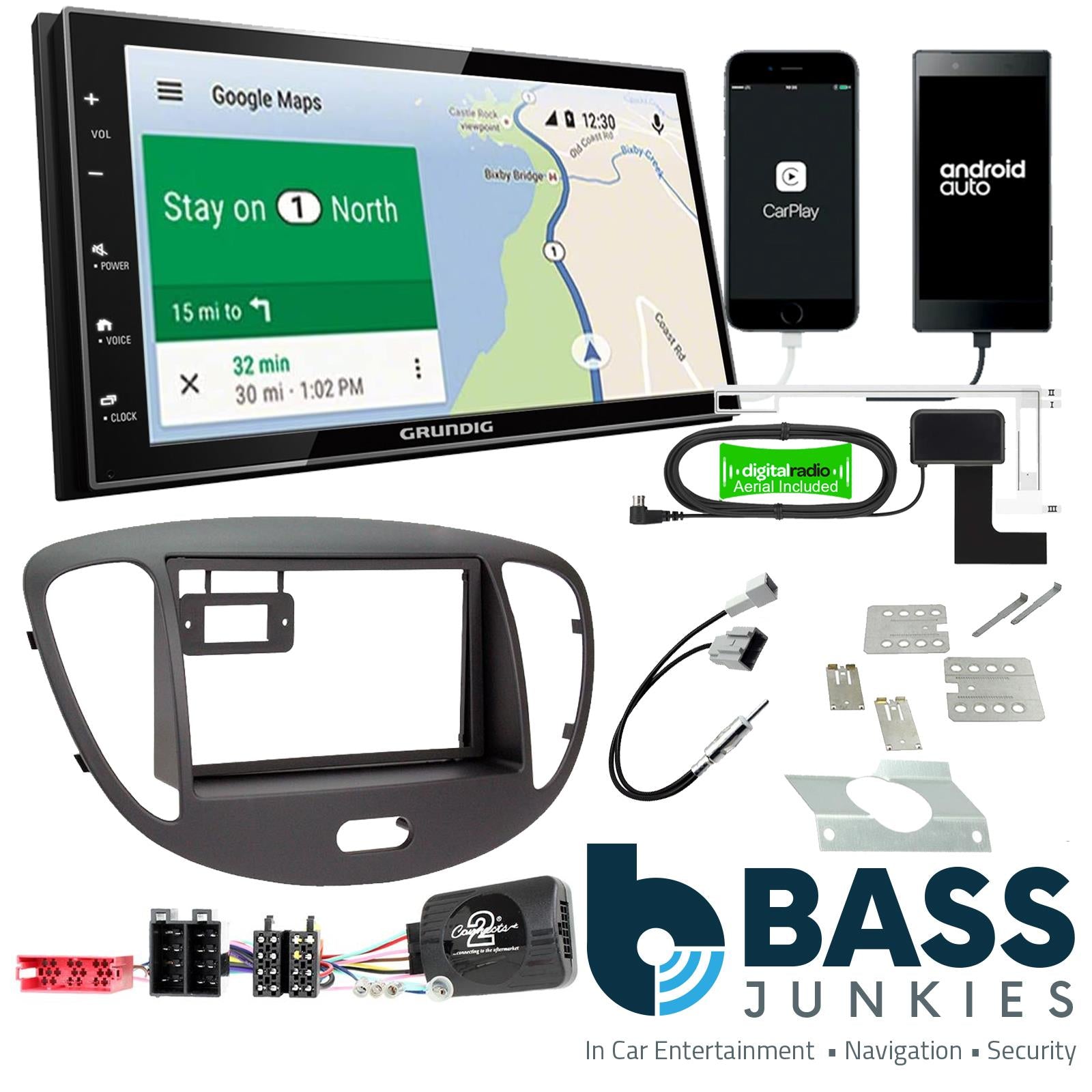 Grundig 6.8" Apple Android Double Din Stereo Fitting Kit + Steering Wheel Stalk Controls to fit Hyundai i10 2008-13