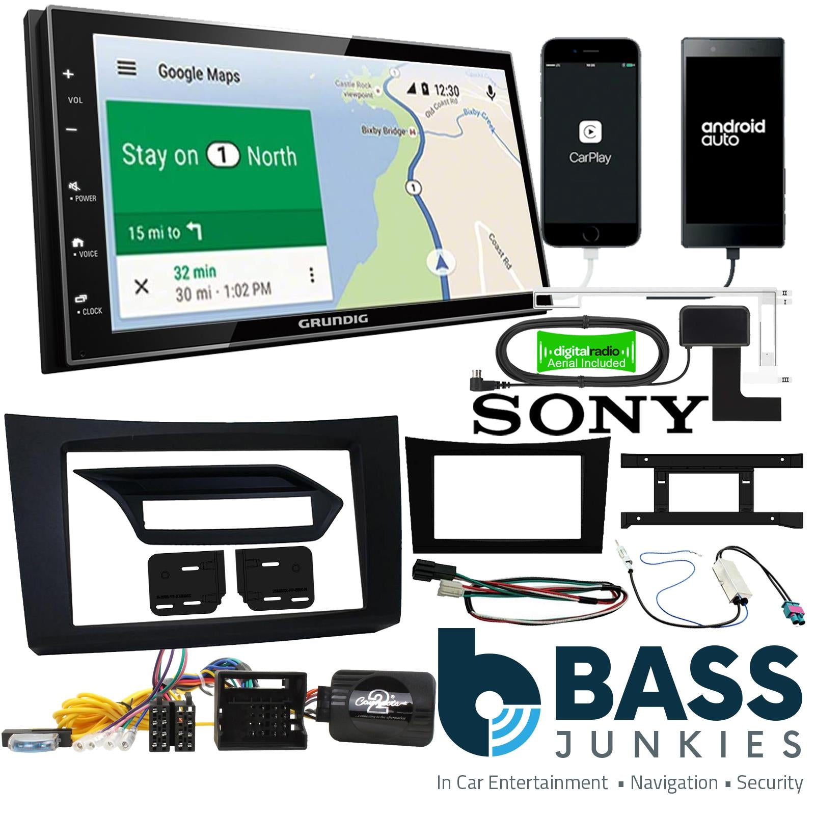Grundig 6.8" Apple Android Double Din Stereo Fitting Kit + Steering Wheel Stalk Controls to fit Mercedes E-Class 2009-12