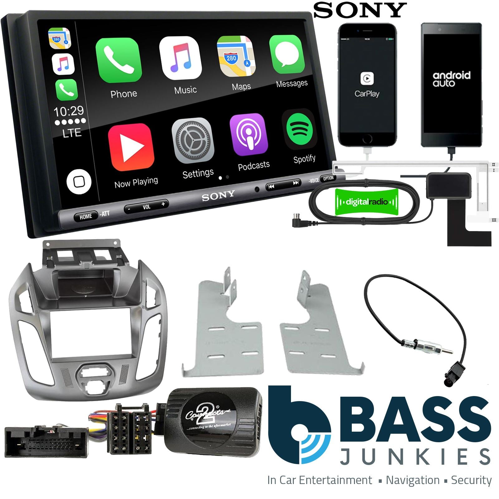 SONY DAB+ Apple | Android Double Din Stereo Fitting Kit + Steering Wheel Stalk Controls to fit Ford Transit-Connect 13-21