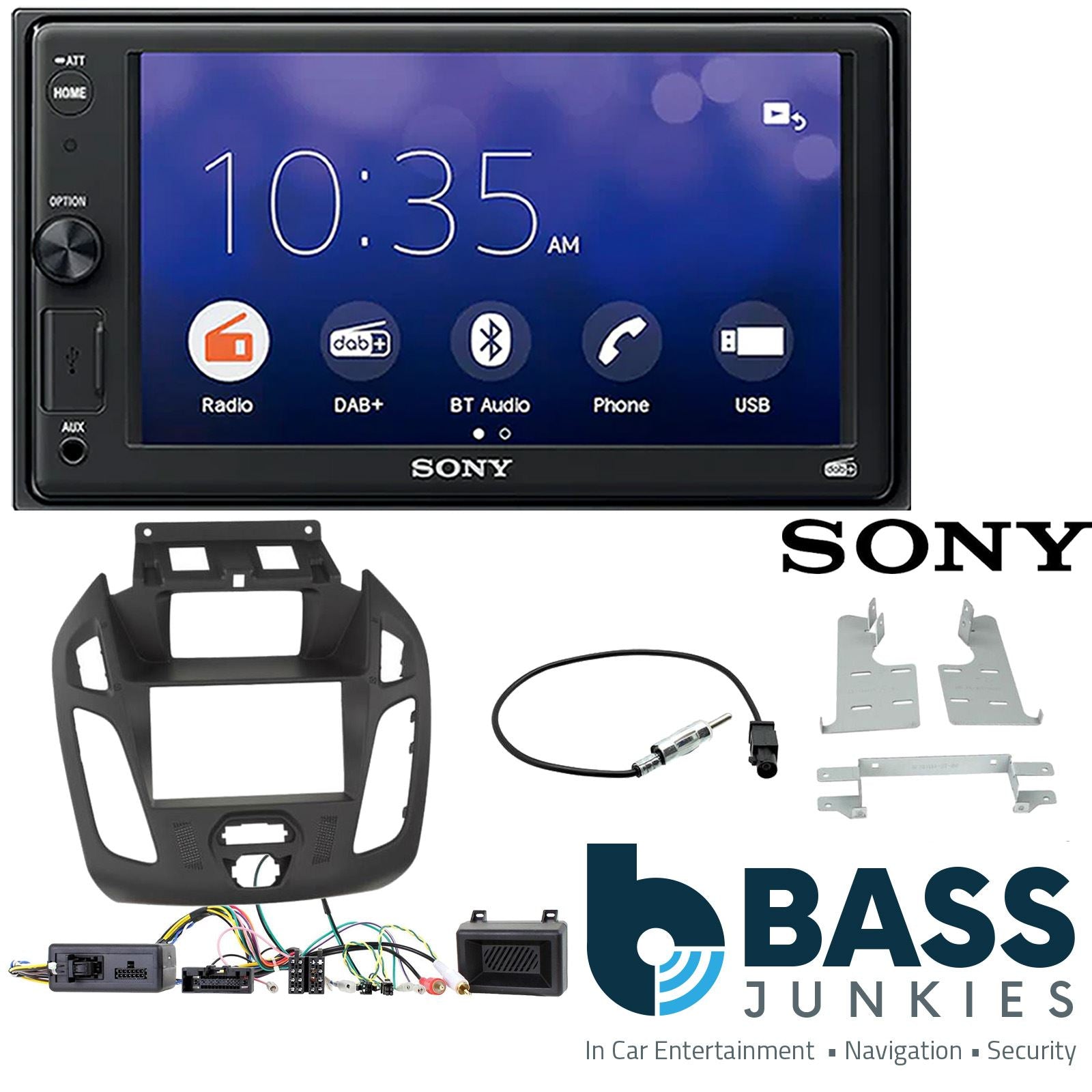 SONY XAV-1550D DAB+ Smart Bluetooth Car Radio + Stereo fitting kit + Steering Wheel Controls Loom for Ford Transit-Connect 2013-2021