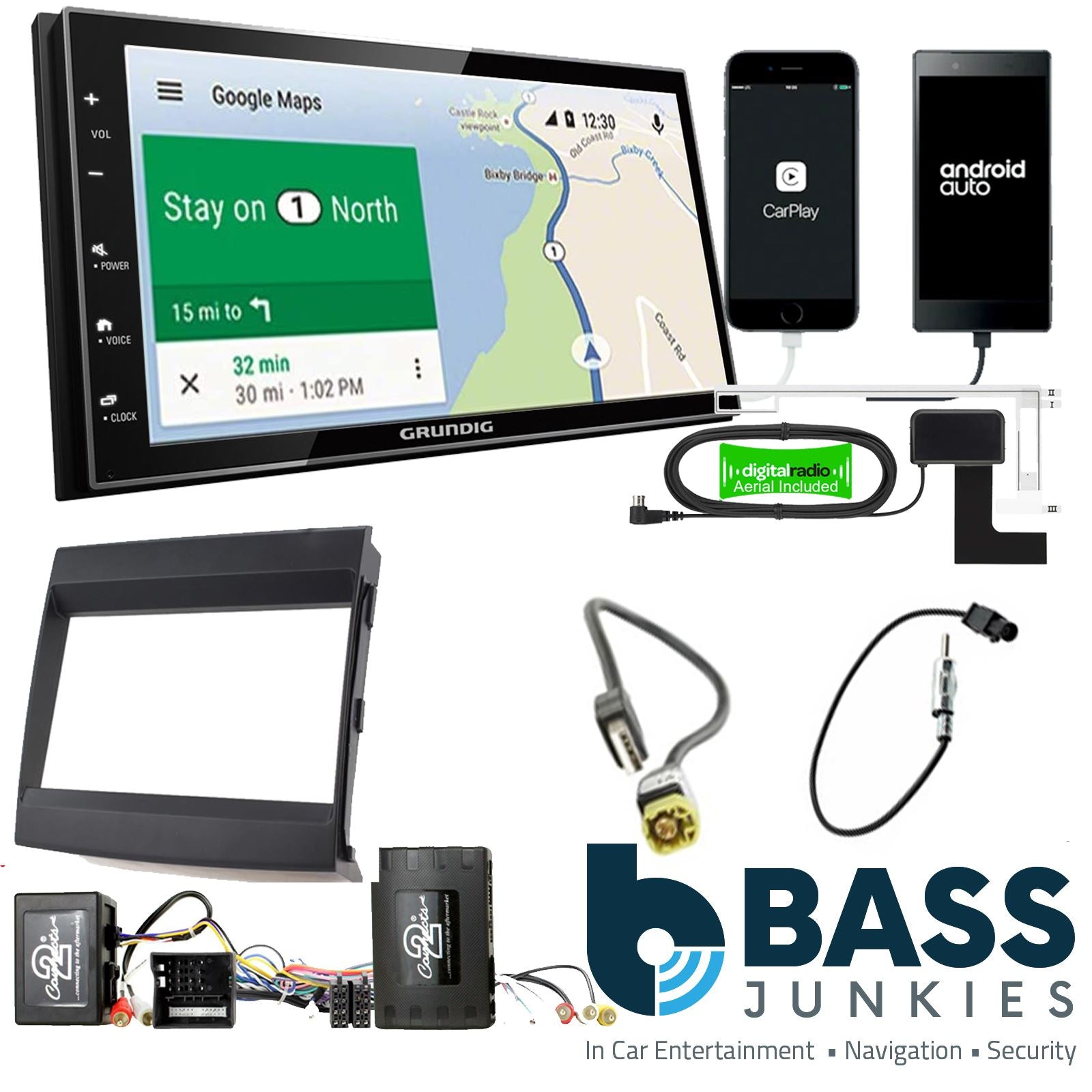 Grundig 6.8" Apple Android Double Din Stereo Fitting Kit + Steering Wheel Stalk Controls to fit Porsche Cayenne 2011-16