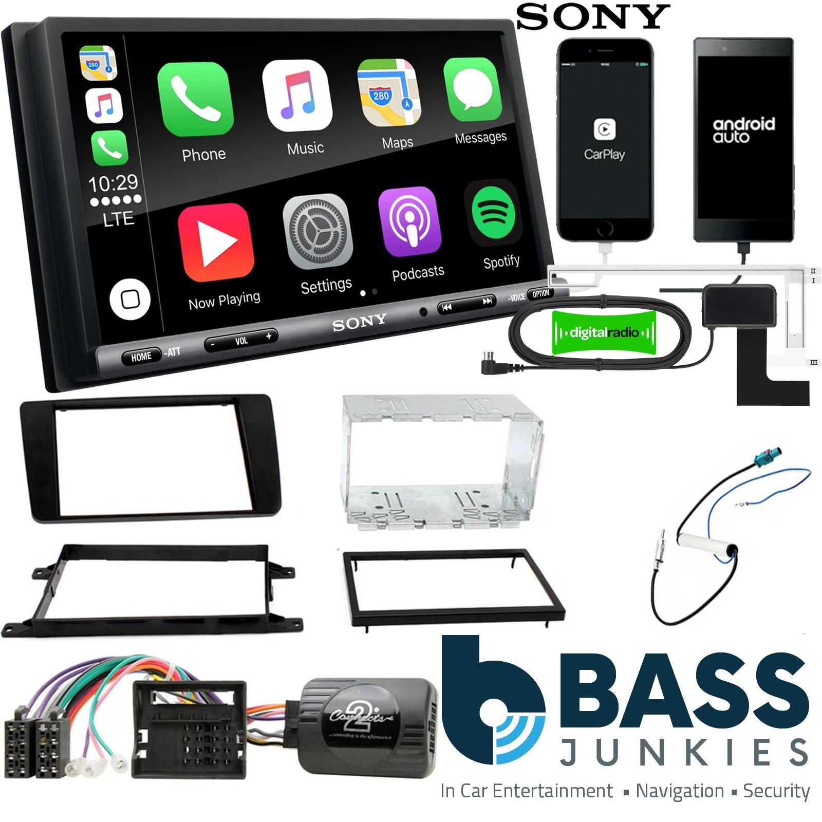 SONY DAB+ Apple | Android Double Din Stereo Fitting Kit + Steering Wheel Stalk Controls to fit Skoda Octavia 2004-08