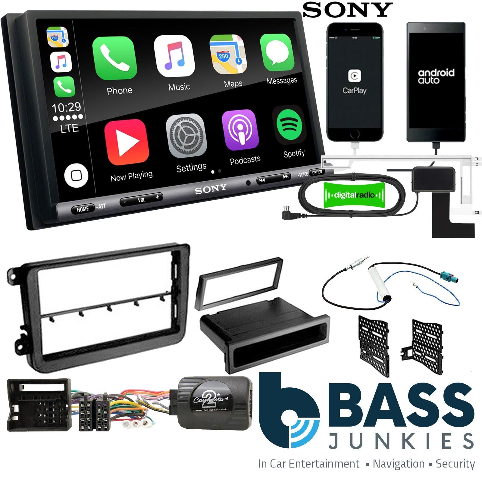 SONY DAB+ Apple | Android Double Din Stereo Fitting Kit + Steering Wheel Stalk Controls to fit VW Passat 2005-15