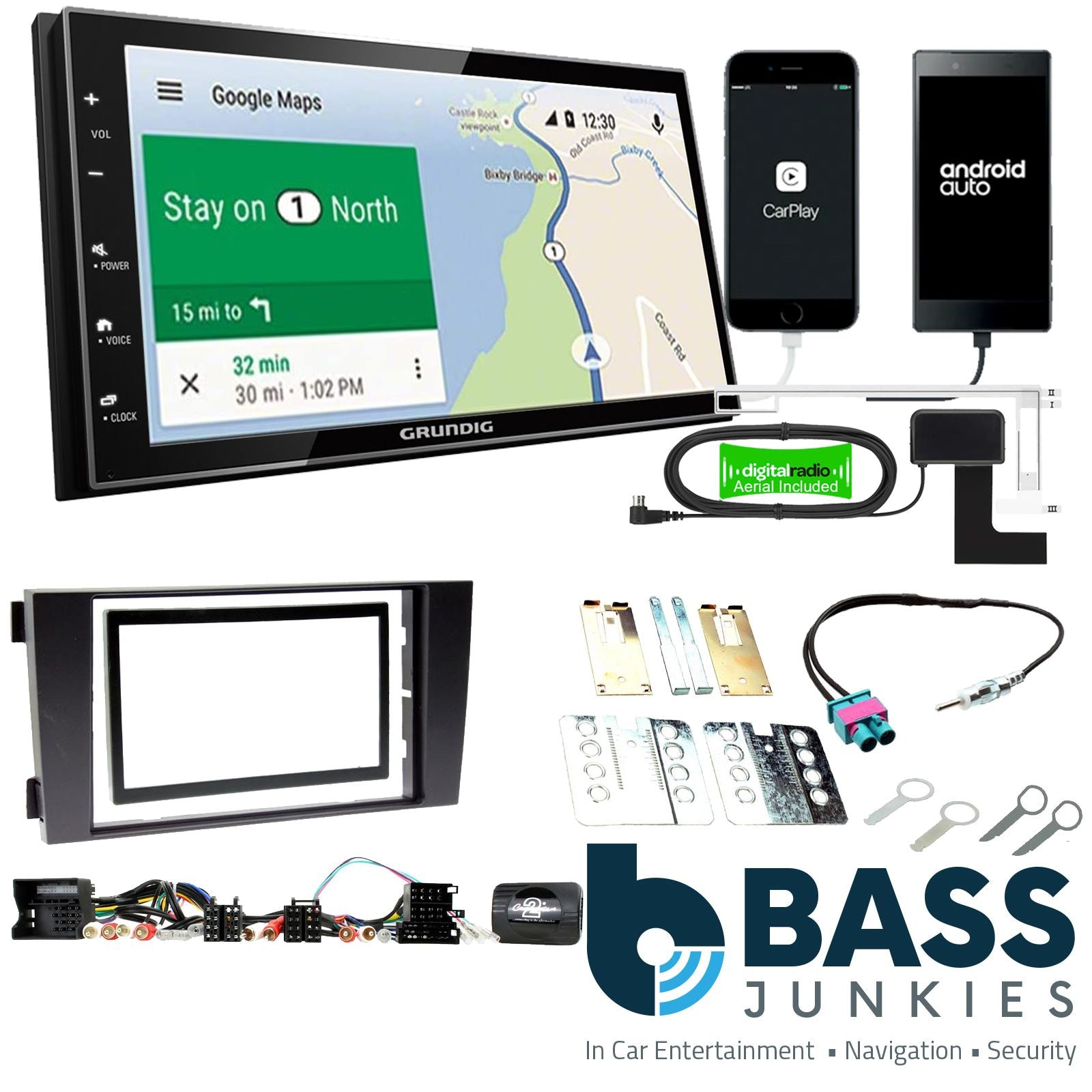 Grundig 6.8" Apple Android Double Din Stereo Fitting Kit + Steering Wheel Stalk Controls to fit Audi A6 2001-04