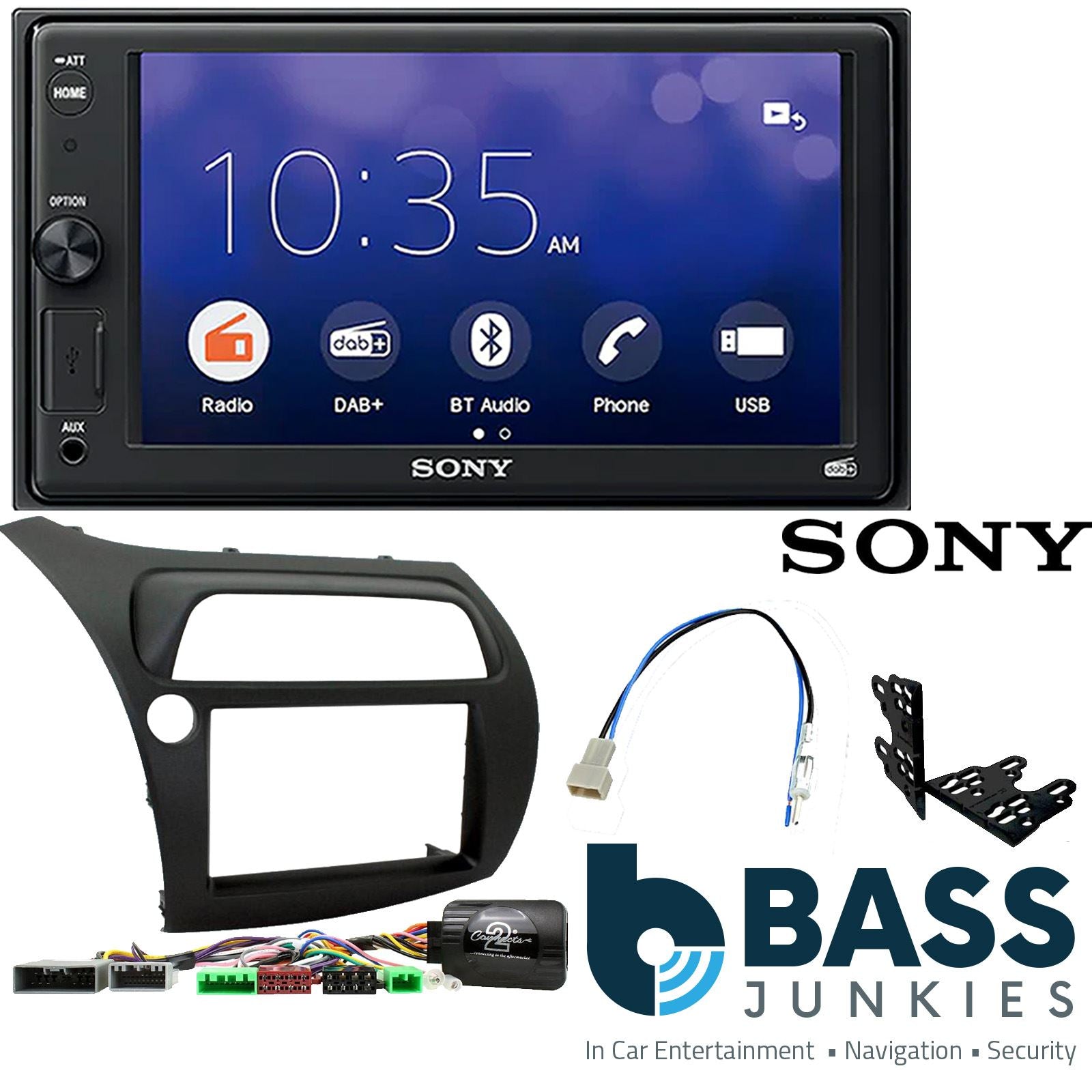 SONY XAV-1550D DAB+ Smart Bluetooth Car Radio + Left Hand Drive [LHD] Stereo fitting kit + Steering Wheel Controls Loom for Honda Civic 2006-2011