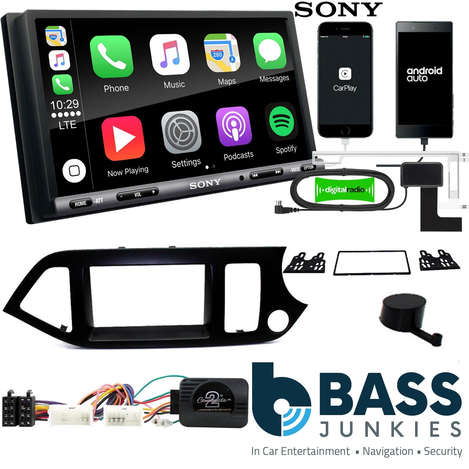 SONY DAB+ Apple | Android Double Din Stereo Fitting Kit + Steering Wheel Stalk Controls to fit Kia Picanto 2011-17