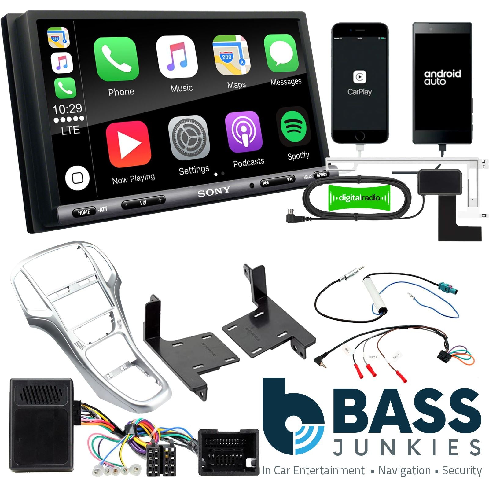 SONY DAB+ Apple | Android Double Din Stereo Fitting Kit + Steering Wheel Stalk Controls to fit Vauxhall Astra 2010-15