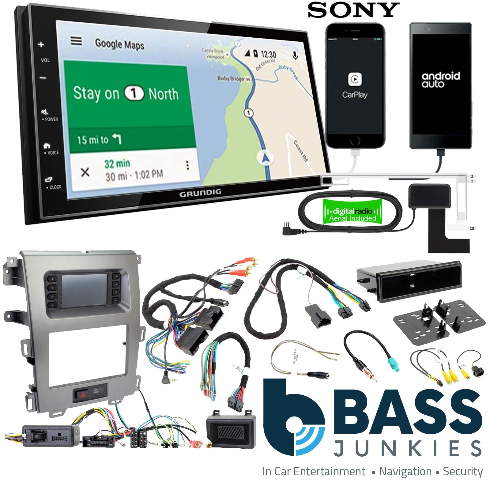 Grundig 6.8" Apple Android Double Din Stereo Fitting Kit + Steering Wheel Stalk Controls to fit Ford Edge 2011-15