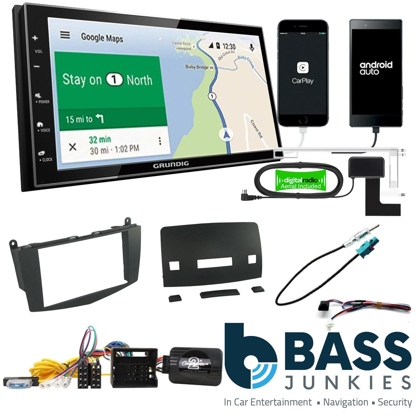 Grundig 6.8" Apple Android Double Din Stereo Fitting Kit + Steering Wheel Stalk Controls to fit Mercedes C-Class 2007-11