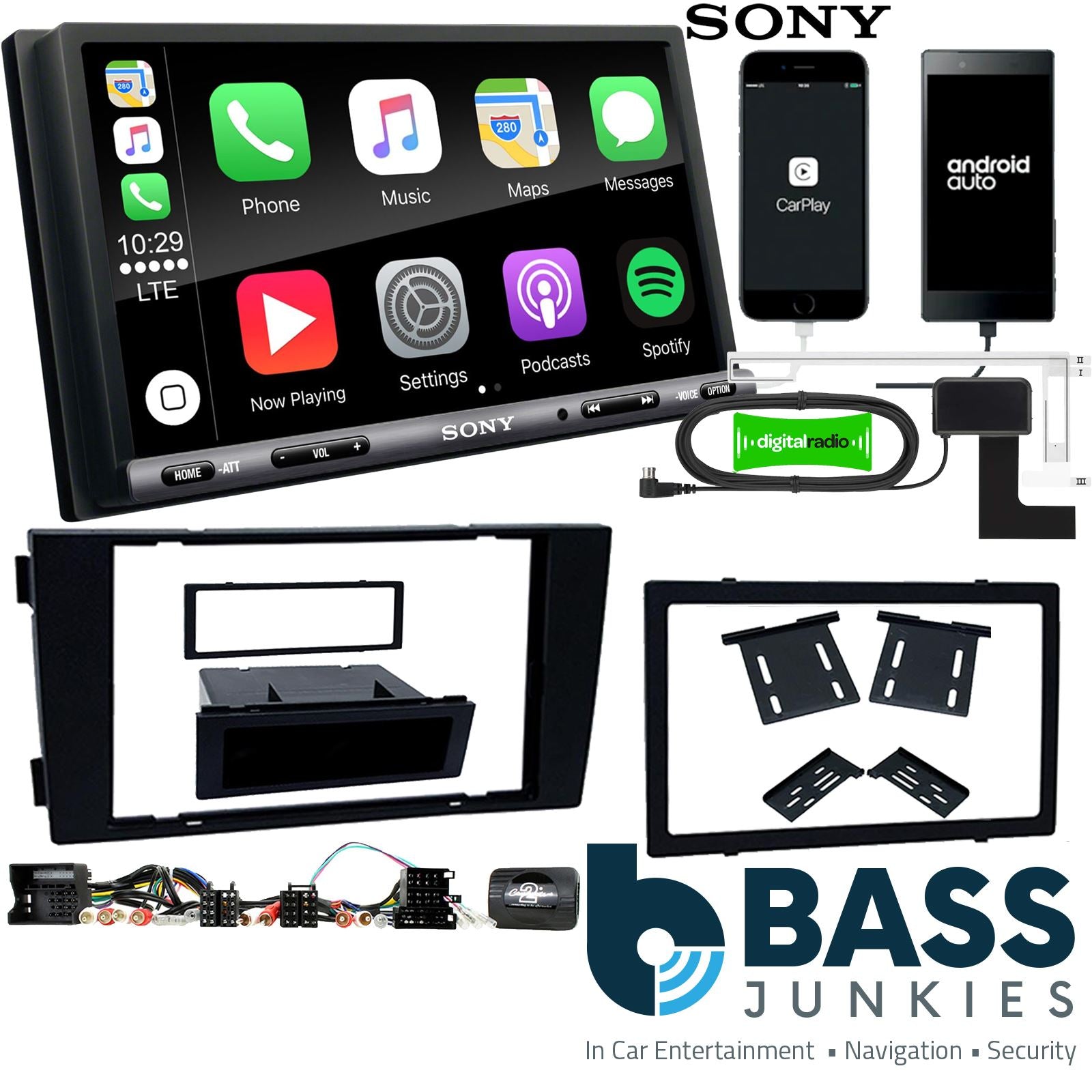 SONY DAB+ Apple | Android Double Din Stereo Fitting Kit + Steering Wheel Stalk Controls to fit Audi A6 2004-08