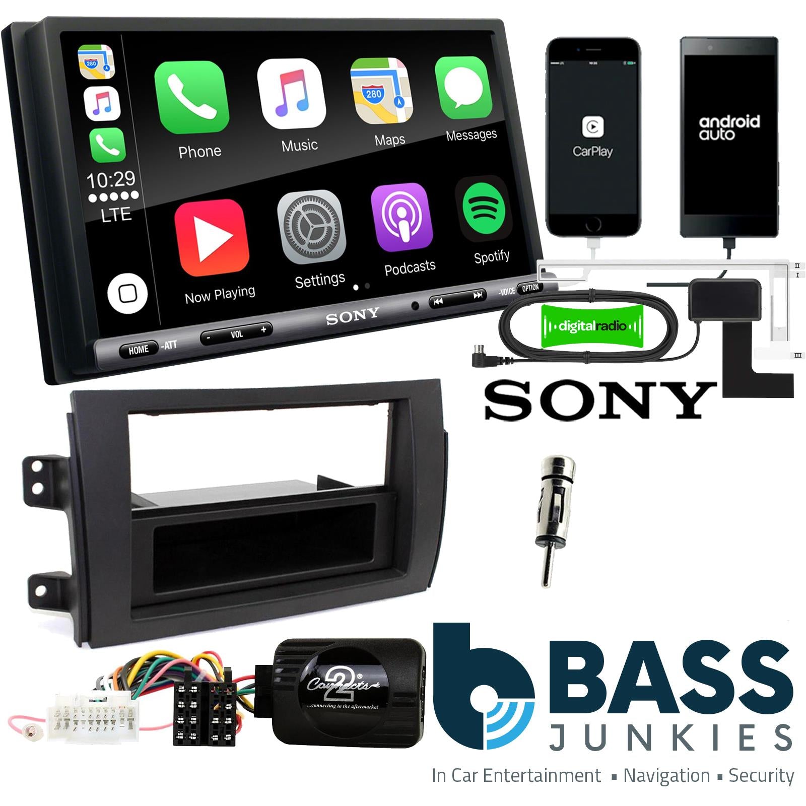 SONY DAB+ Apple | Android Double Din Stereo Fitting Kit + Steering Wheel Stalk Controls to fit Suzuki SX4 2006-14