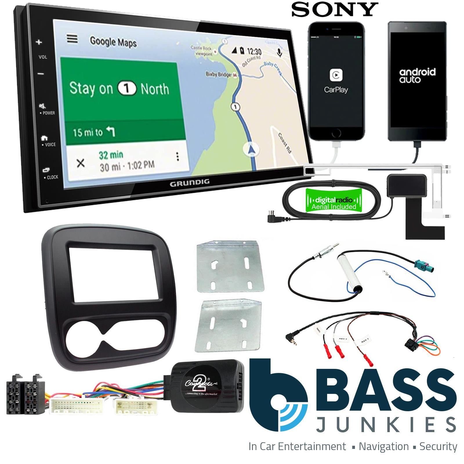 Grundig 6.8" Apple Android Double Din Stereo Fitting Kit + Steering Wheel Stalk Controls to fit Renault Trafic 2017-