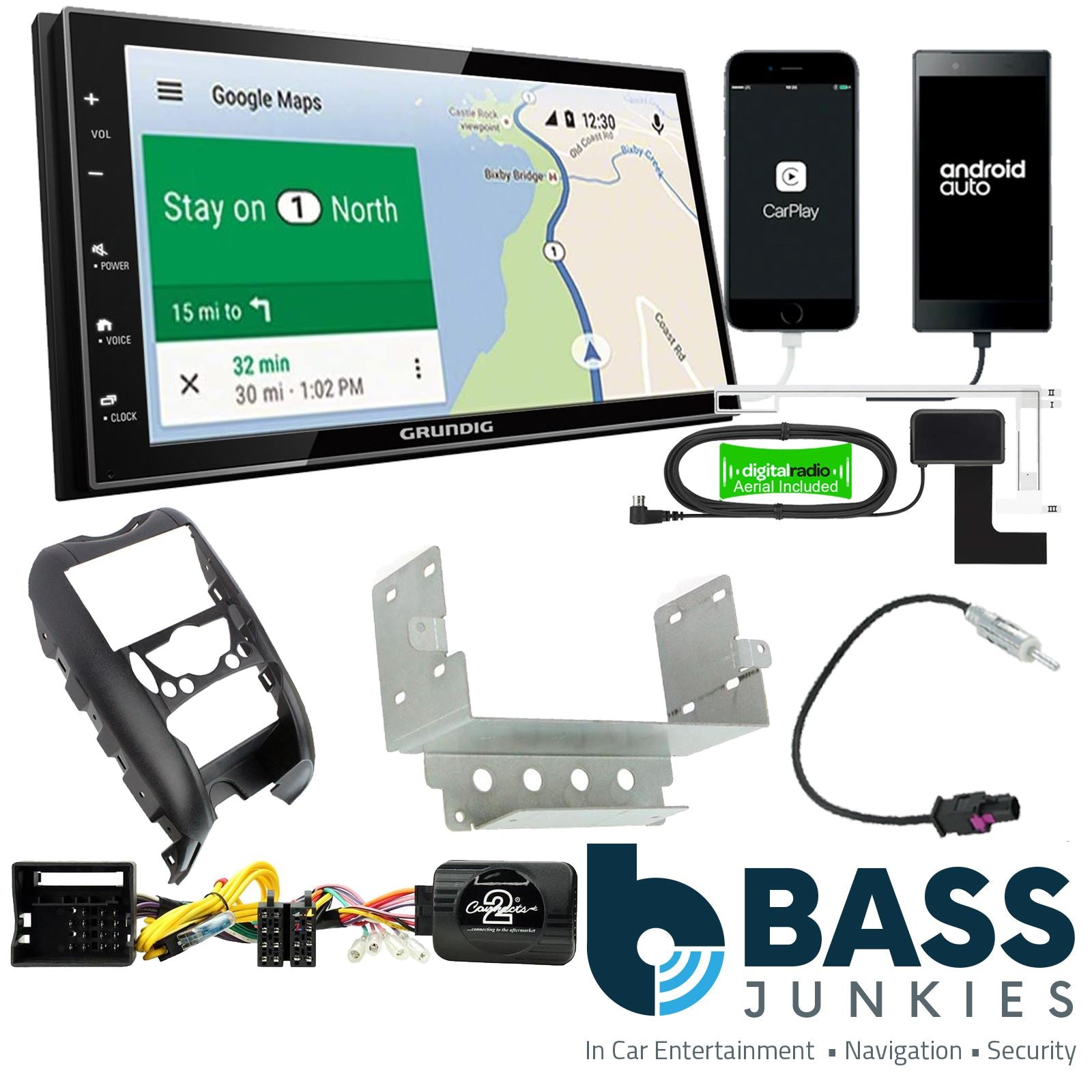 Grundig 6.8" Apple Android Double Din Stereo Fitting Kit + Steering Wheel Stalk Controls to fit BMW Mini 2006-13