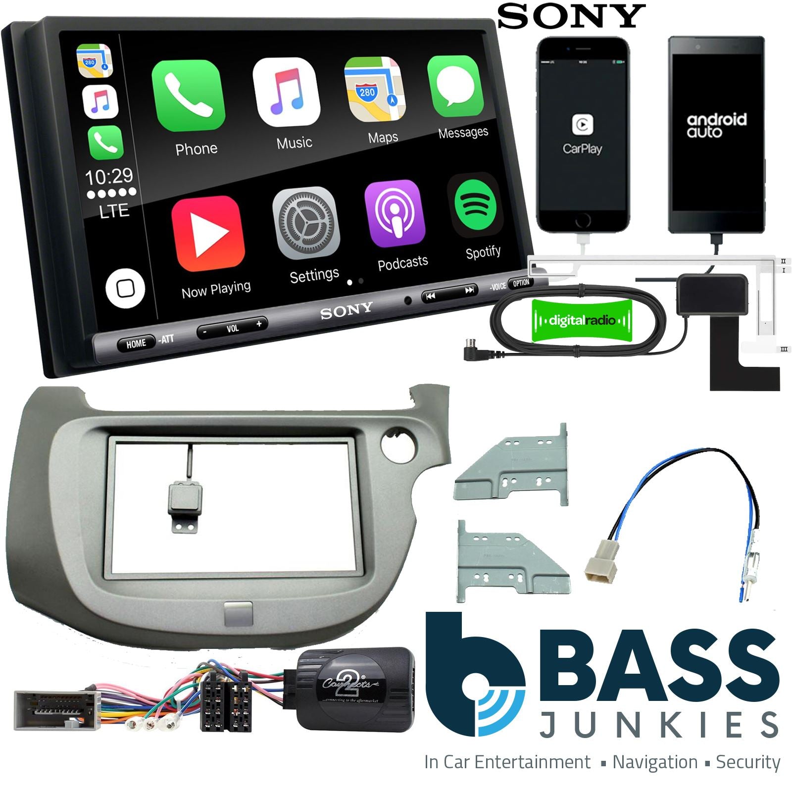 SONY DAB+ Apple | Android Double Din Stereo Fitting Kit + Steering Wheel Stalk Controls to fit Honda Jazz 2009-13