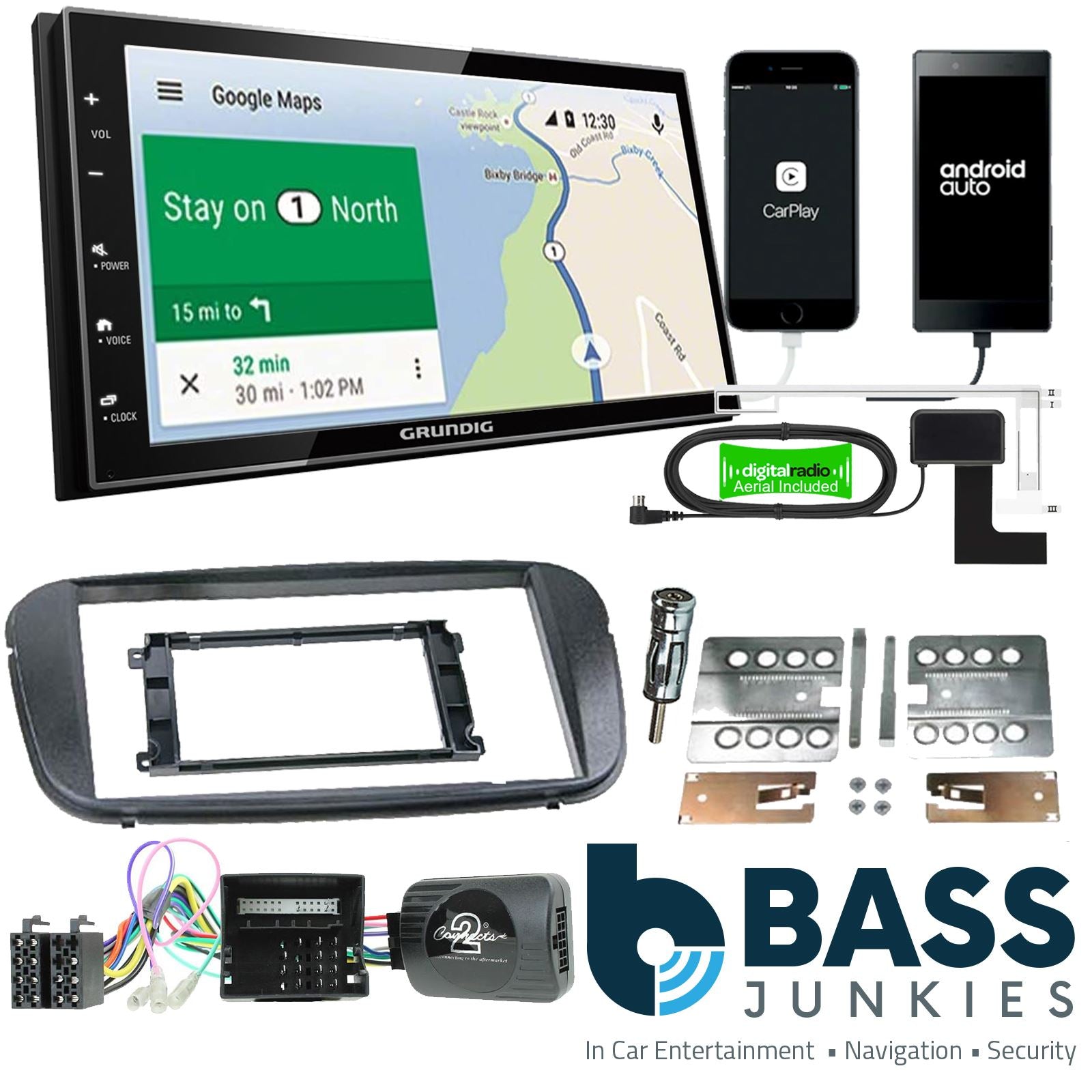 Grundig 6.8" Apple Android Double Din Stereo Fitting Kit + Steering Wheel Stalk Controls to fit Ford Focus 2007-11 | Ford Mondeo 2007-14