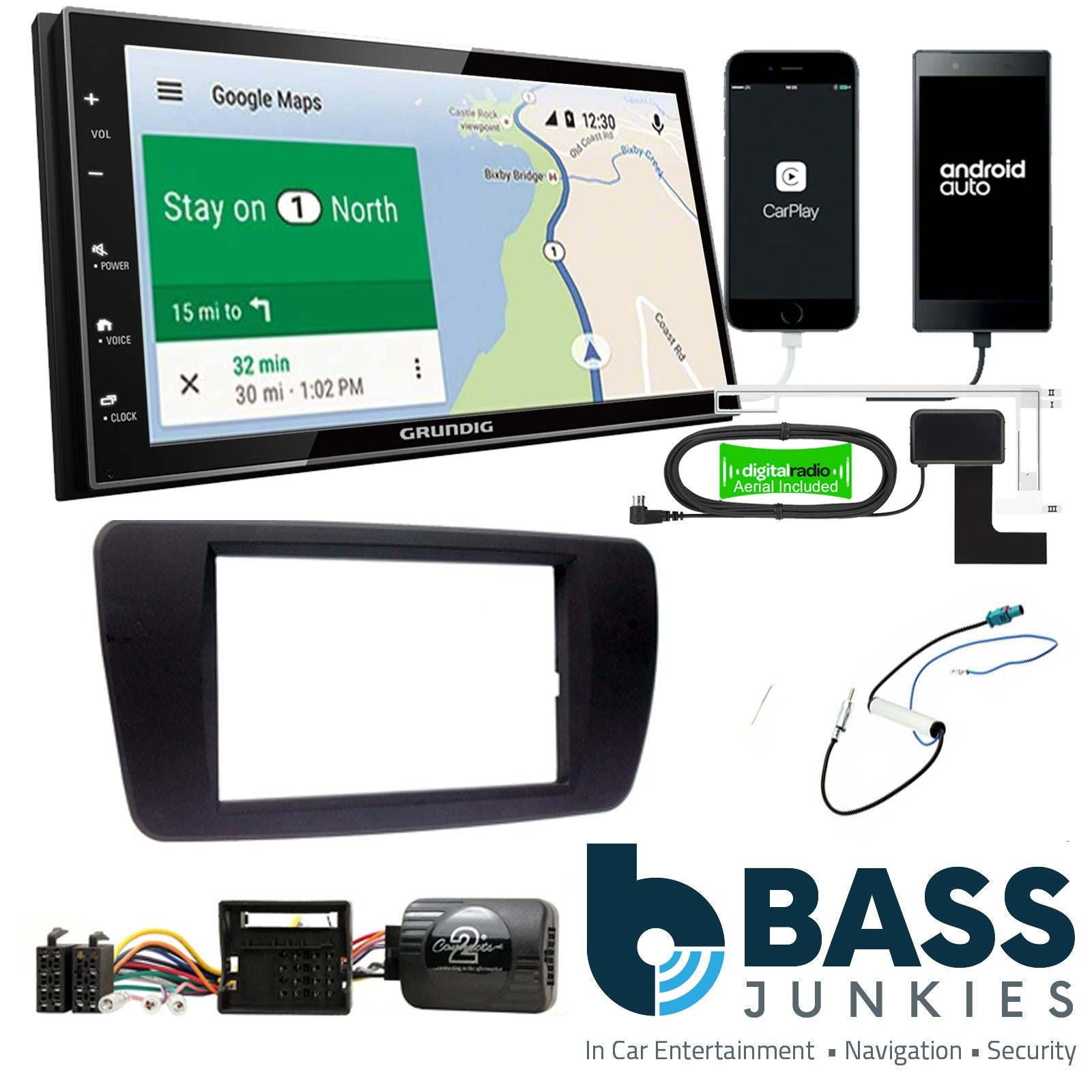 Grundig 6.8" Apple Android Double Din Stereo Fitting Kit + Steering Wheel Stalk Controls to fit Seat Ibiza 2008-14